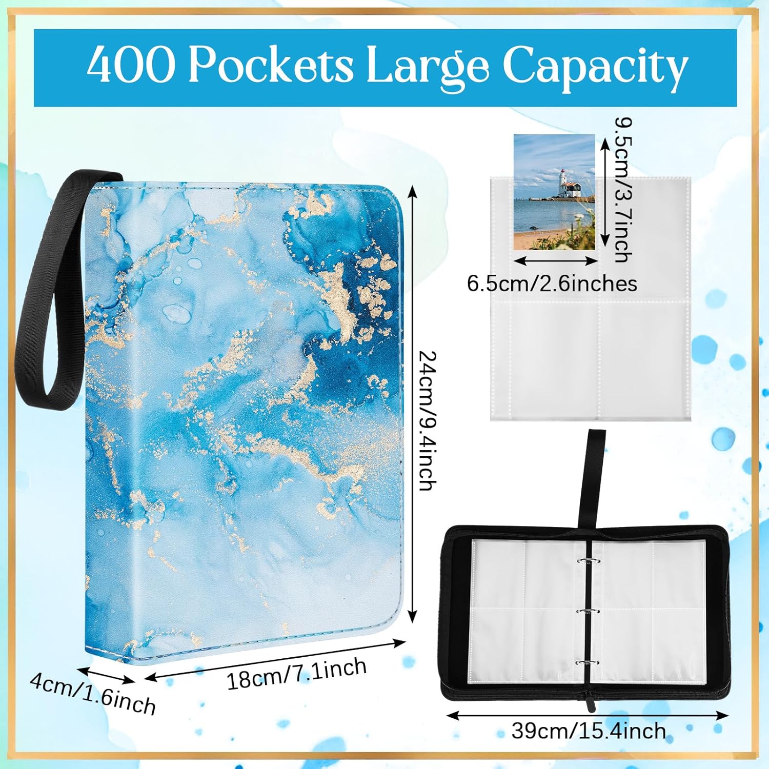 Card Binder 4/9 Pocket PU Waterproof Trading Binder Compatible with Mtg/ygo/tcg for 400/900 Portable Album Holder with Zipper Wristband Card Organizer