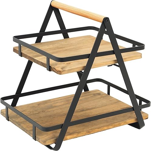 Miniatura 9 de TIEYIPIN Organizador de cesta de frutas de metal de 2 niveles para almacenamiento y exhibición de cocina, estilo rústico negro con mango de madera