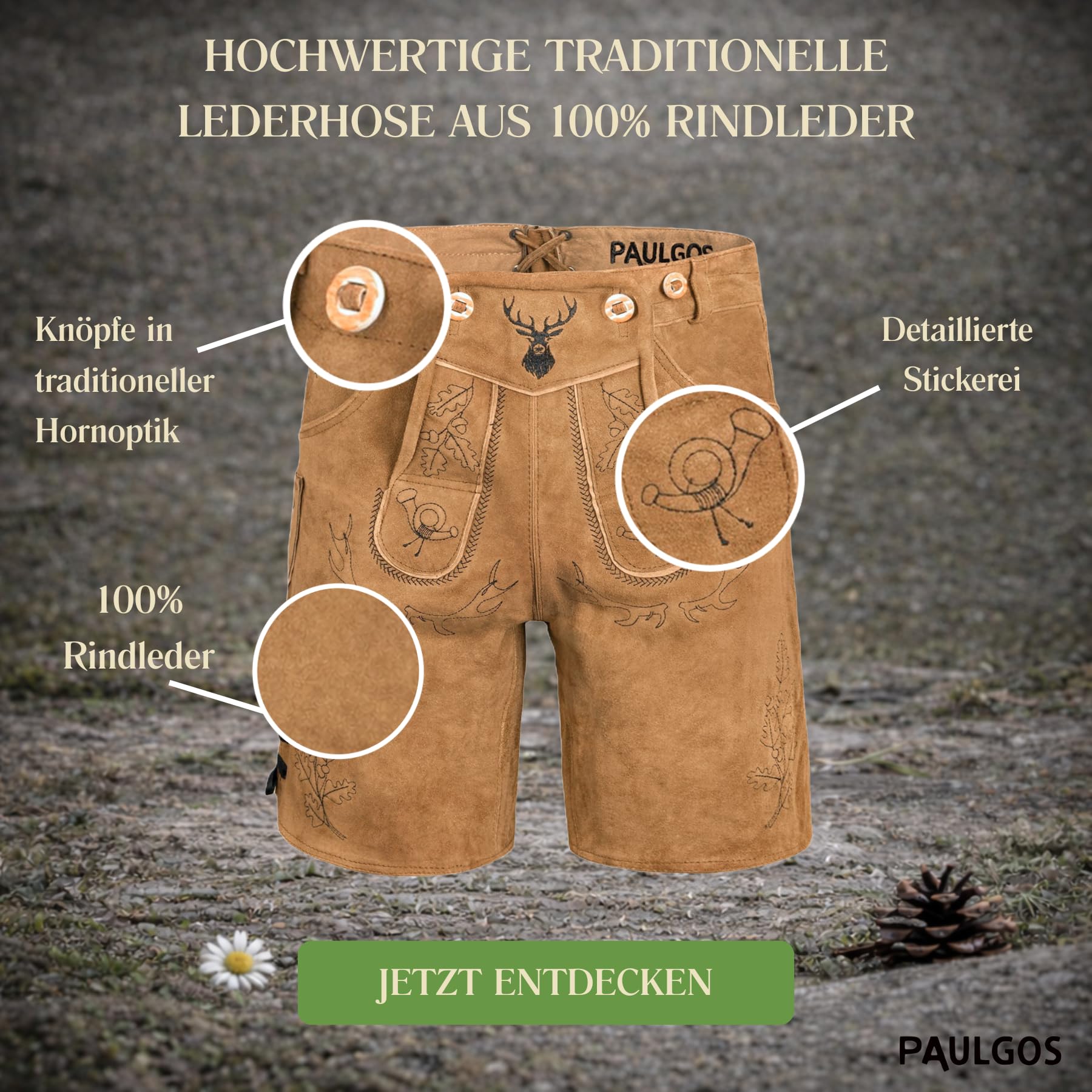 Herren Trachten Lederhose HK5 + Träger, Echtes Leder, Gr. 44-60