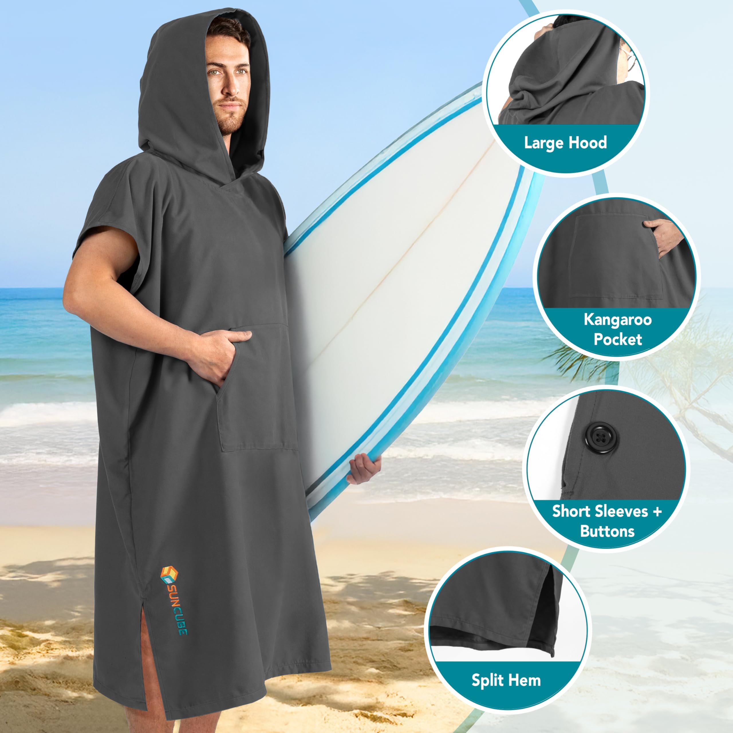 SUN CUBE Poncho de surf con capucha, toalla cambiadora de microfibra de secado rápido con bolsillo para surf, hombres y mujeres