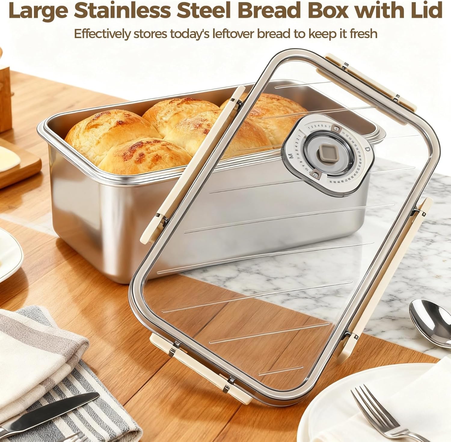Stainless Steel Bread Box with Lid, 5800 ml / 196 fl oz Time Recording Airtight Bread Box for Kitchen Counter, 13.2x7.1x5.1 in Large Capacity Bread Storage Container - Image 2