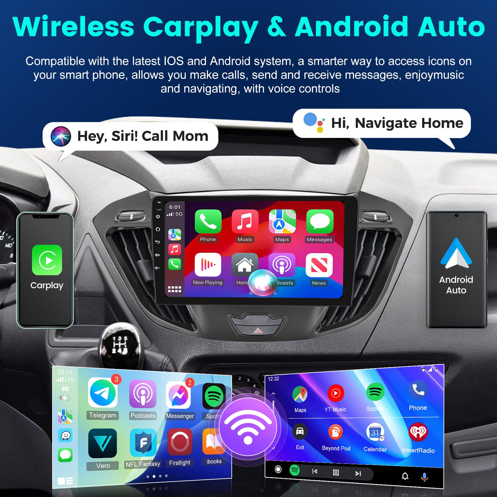 Podofo 4+64G Autoradio per Ford Transit Custom Tourneo 2013-2018 con Wireless Carplay Android Auto 9 Pollici 8 Core Radio Android 13 con Schermo IPS, Bluetooth 5.0, WiFi, GPS, RDS + Microfono