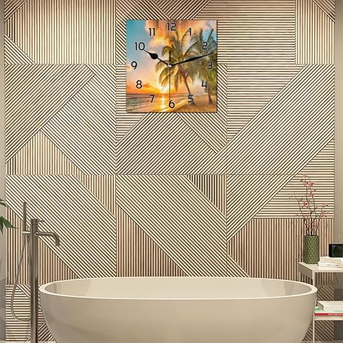 Miniatura 6 de Reloj de pared cuadrado silencioso con palmera y puesta de sol, funciona con pilas, decoración moderna para el hogar, sala de estar, dormitorio,