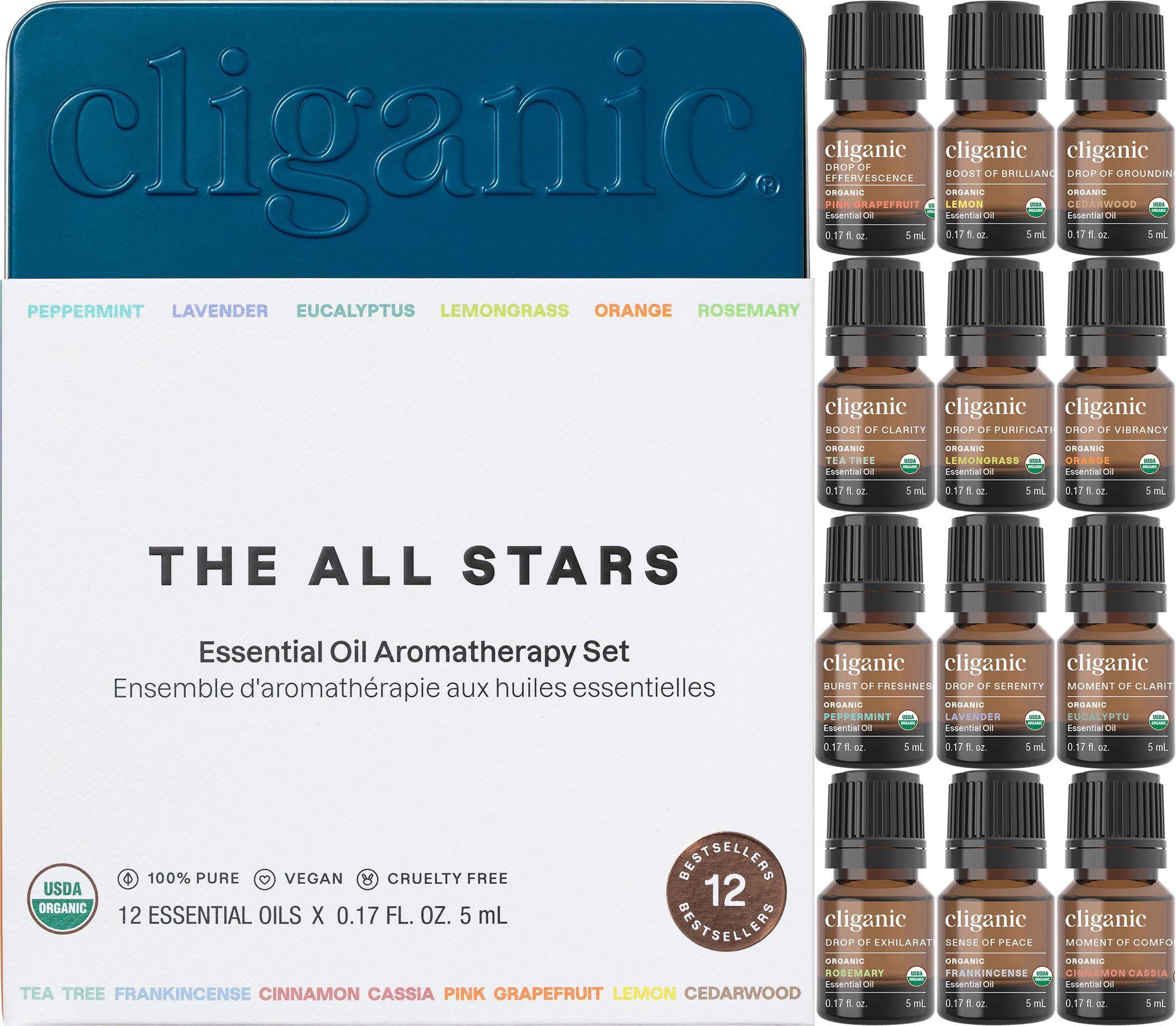 Cliganic USDA Organic Aromatherapy TOP 12 Essential Oils Set, 100% Pure - Peppermint, Lavender, Eucalyptus, Tea Tree, Lemongrass, Rosemary, Frankincense, Orange, Lemon, Cassia, Cedarwood & Grapefruit