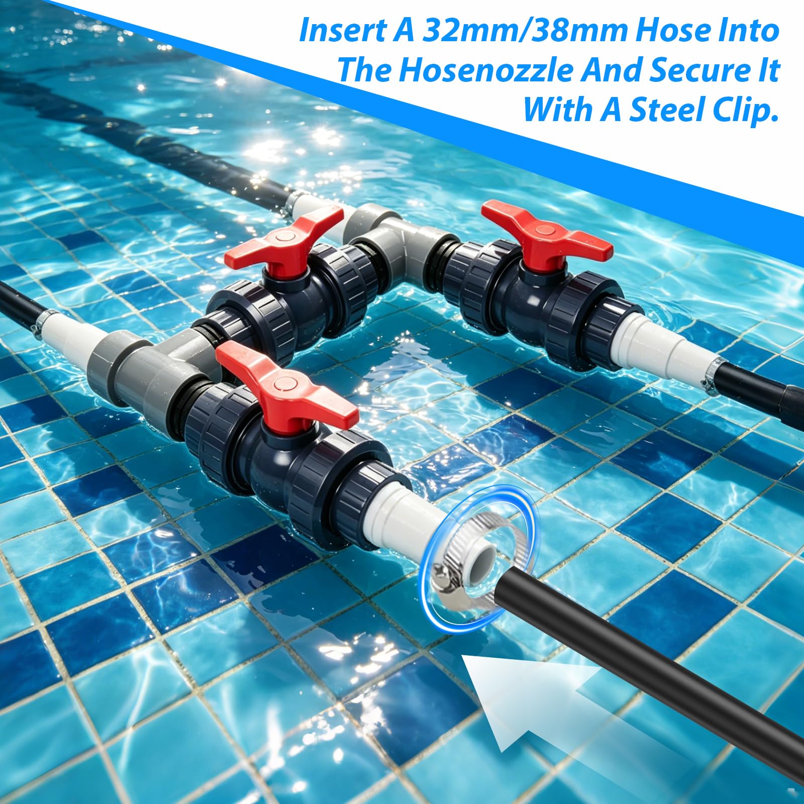 Bypass Pool Set 50mm für Wärmepumpe, Pool Bypass Set mit 32mm & 38mm Schläuchen, 3 Kugelhähne, T-Stücke & Edelstahlklemmen – Optimiert Wasserfluss für Solarheizung