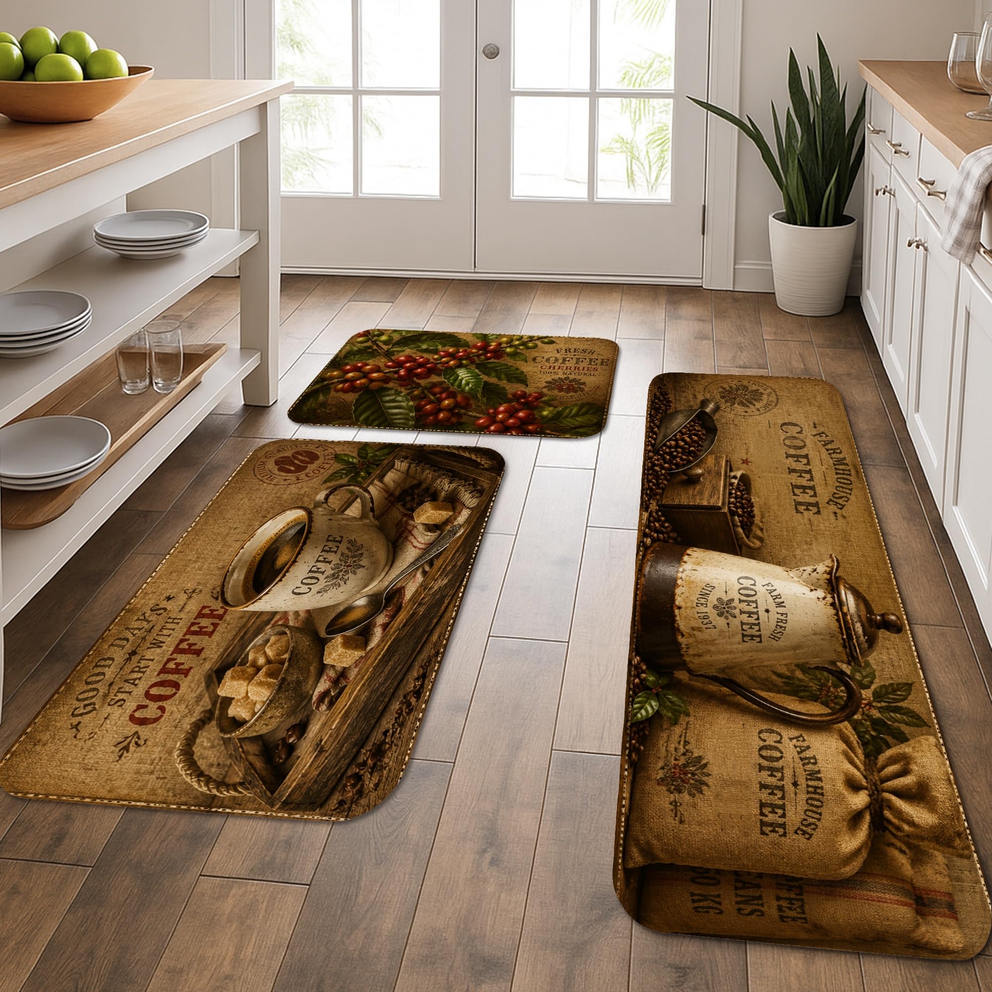Tapis de cuisine doux lavables lot de 3 tapis de sol confortables vintage café