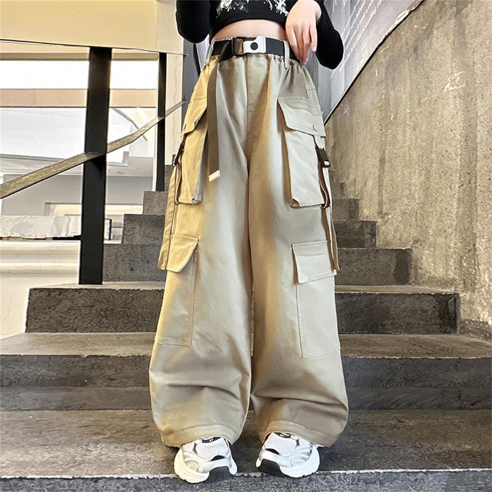 Pantalon cargo hip-hop pour filles - Taille haute - Plusieurs poches - Pantalon ample pour l'école - Taille élastique - Style décontracté - Esthétique et tendance, kaki, 11-12 ans