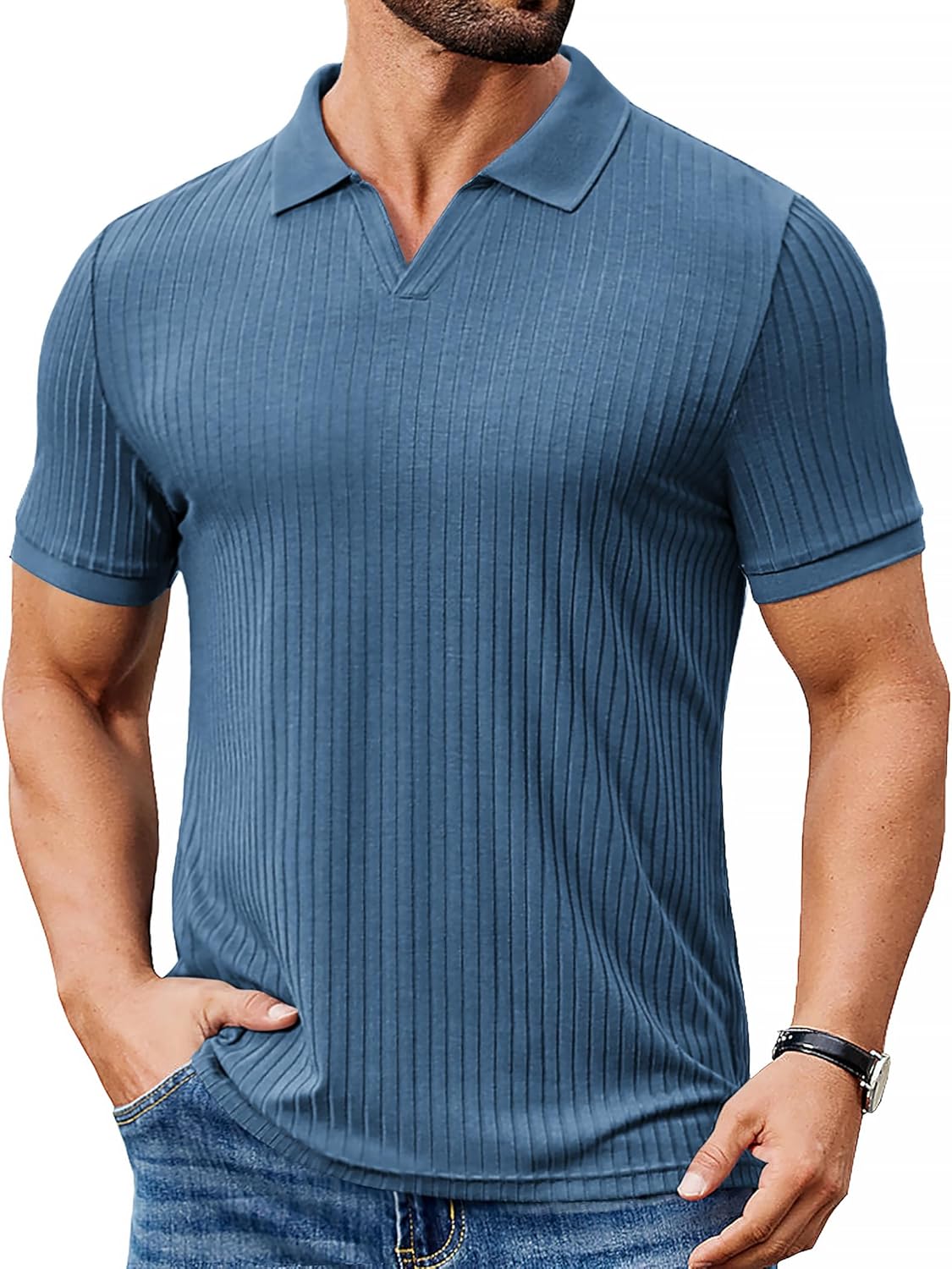 COOFANDY Men's Ribbed Polo Shirts Short Sleeve V Neck Slim Fit Polo T-Shirt Casual Summer Collared Golf Shirt
