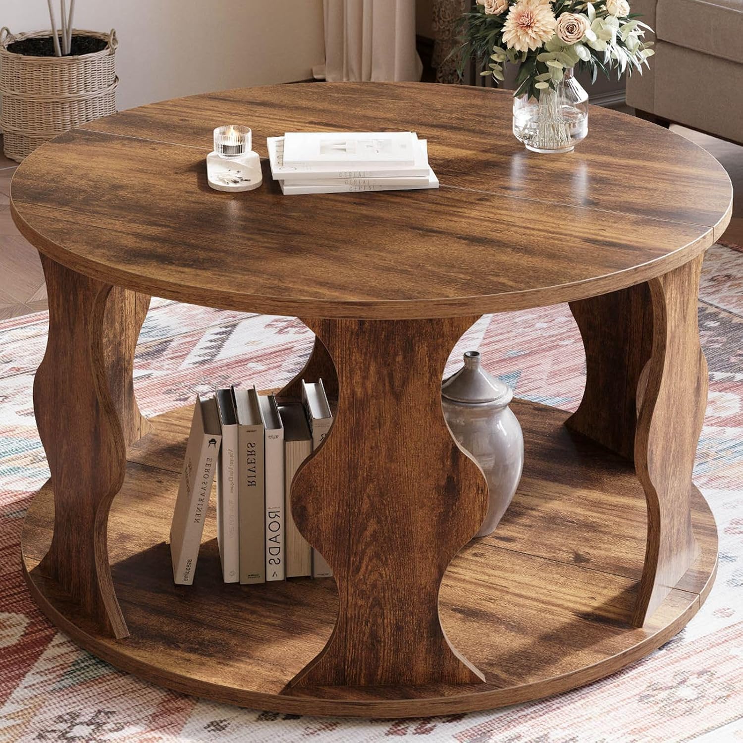 HSH Round Wood Coffee Table, 2 Tier Circle Center Table with Storage, Farmhouse Modern Wooden Living Room Coffee Tea Tables, Unique Vintage Circular Middle Cocktail Table, 31.5 in Rustic Brown Rustic Brown Oak 31.9 Inches