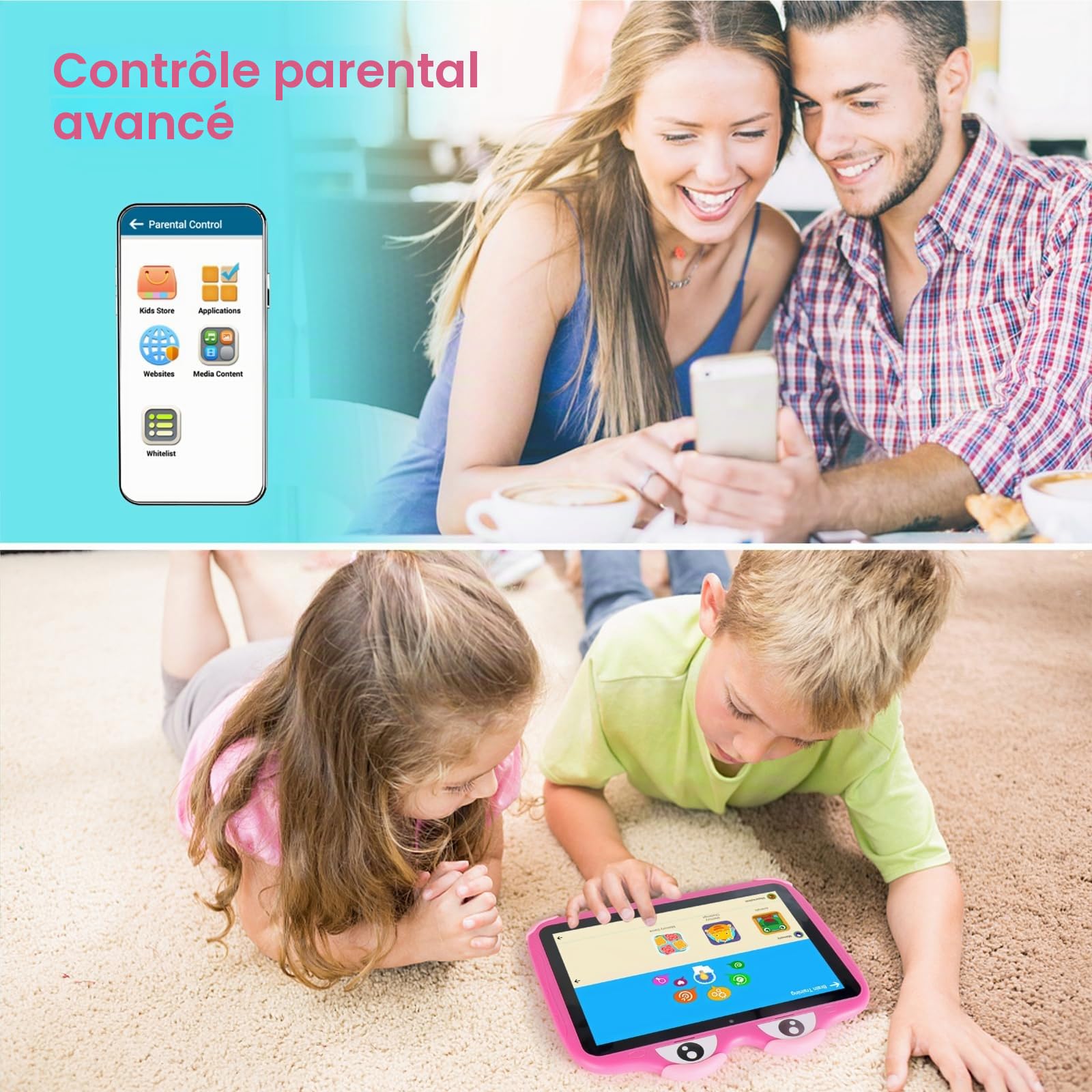 zcobro Tablette pour Enfants 10 Pouces Android Tactile Tablette Enfants avec Case 2+64 Go 5000mAh Widevine L1,WiFi 6 Tablette Bluetooth IPS HD 1280 * 800 Contrôle Parental (Rose)