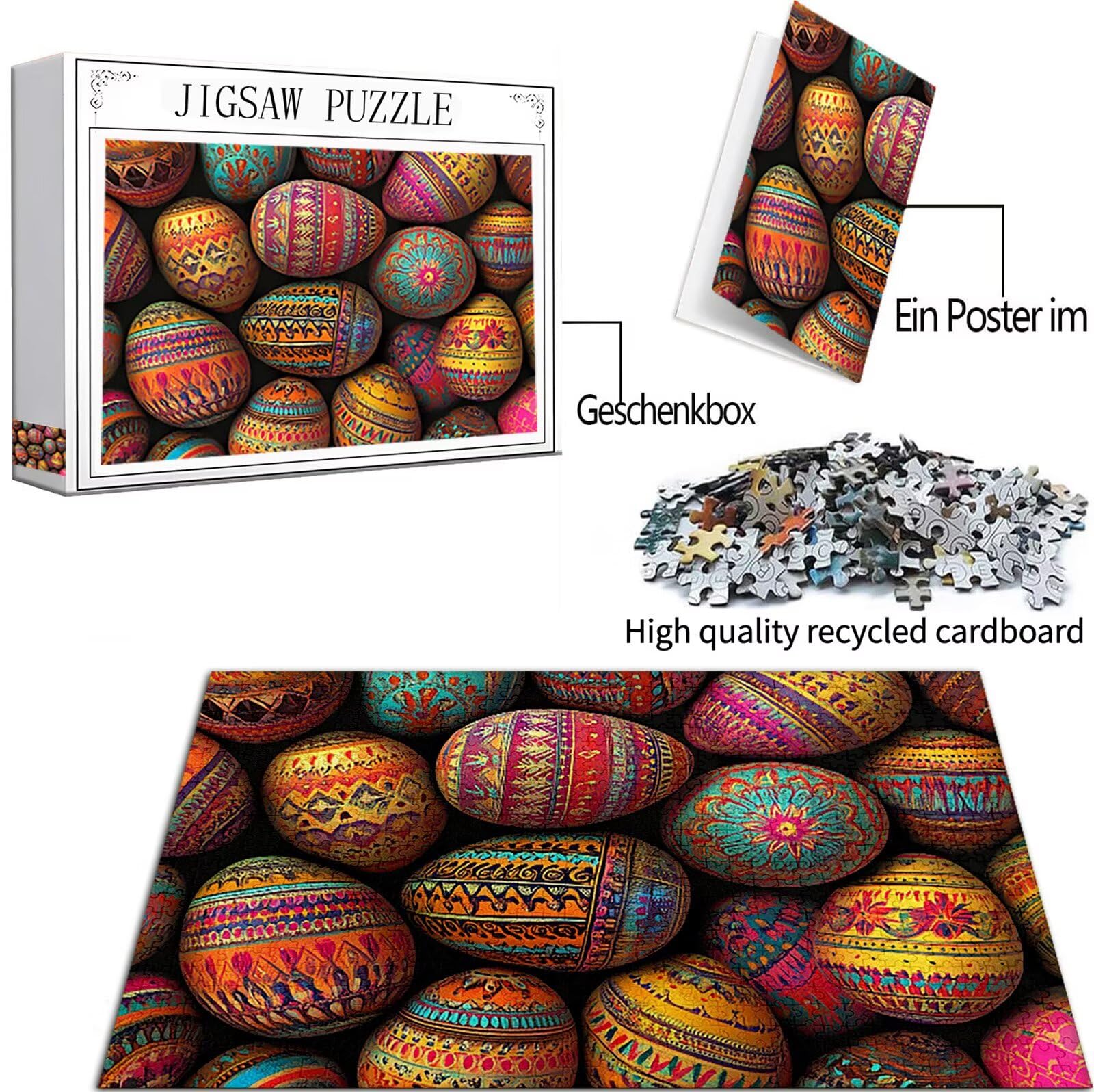 Puzzle 1314 Kawałki Jajko Wielkanocne Puzzle Wzór Bohemia, Drewno 75 x 50 cm z kompaktowym pudełkiem, plakat w tym kreatywna rozrywka gry inteligencja do dekoracji ścian domu, model31
