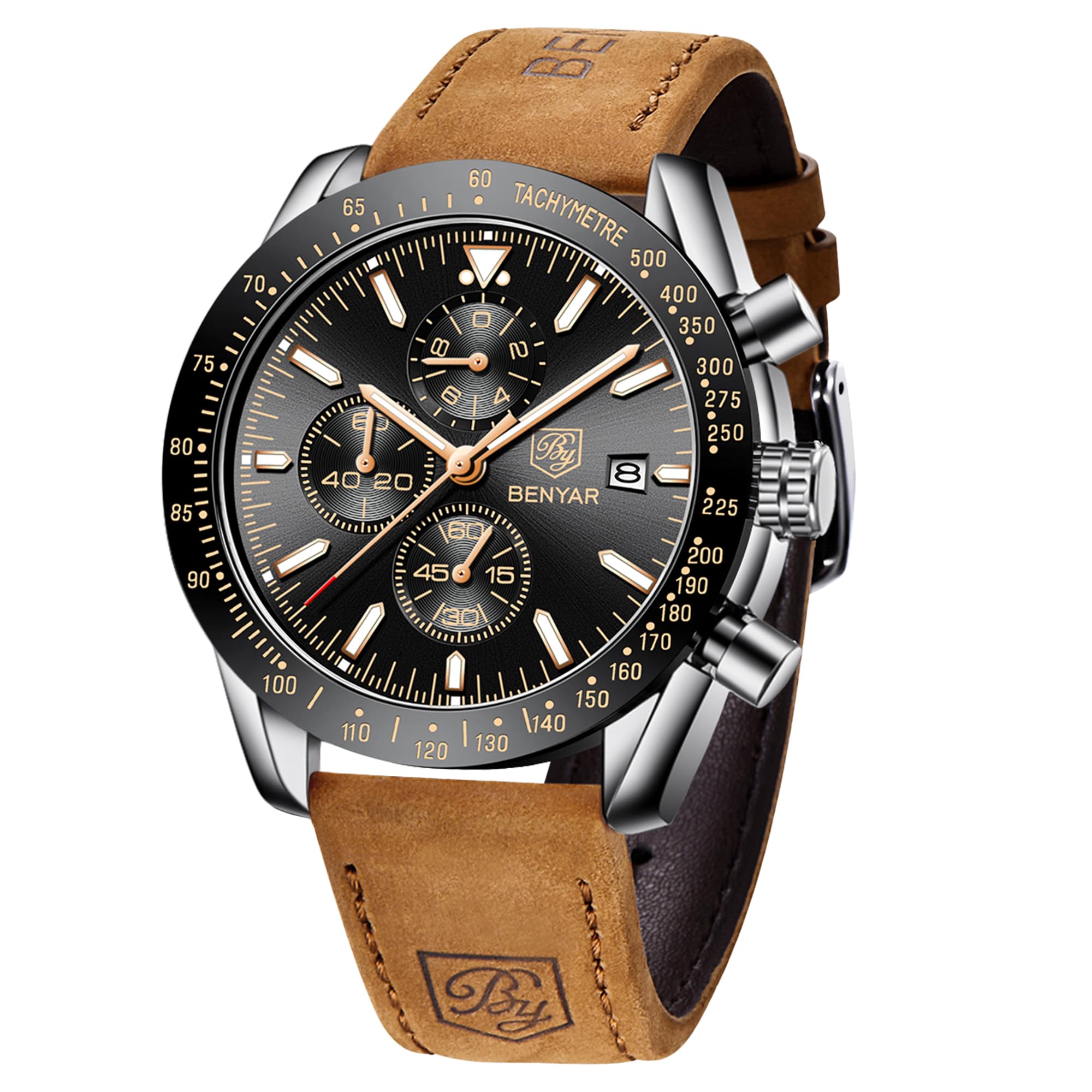 Mens Watches Quartz Movement Chronograph Leather Strap Fashion Business Sport Design 30M Waterproof Scratch Resistant Elegant Gifts for Men