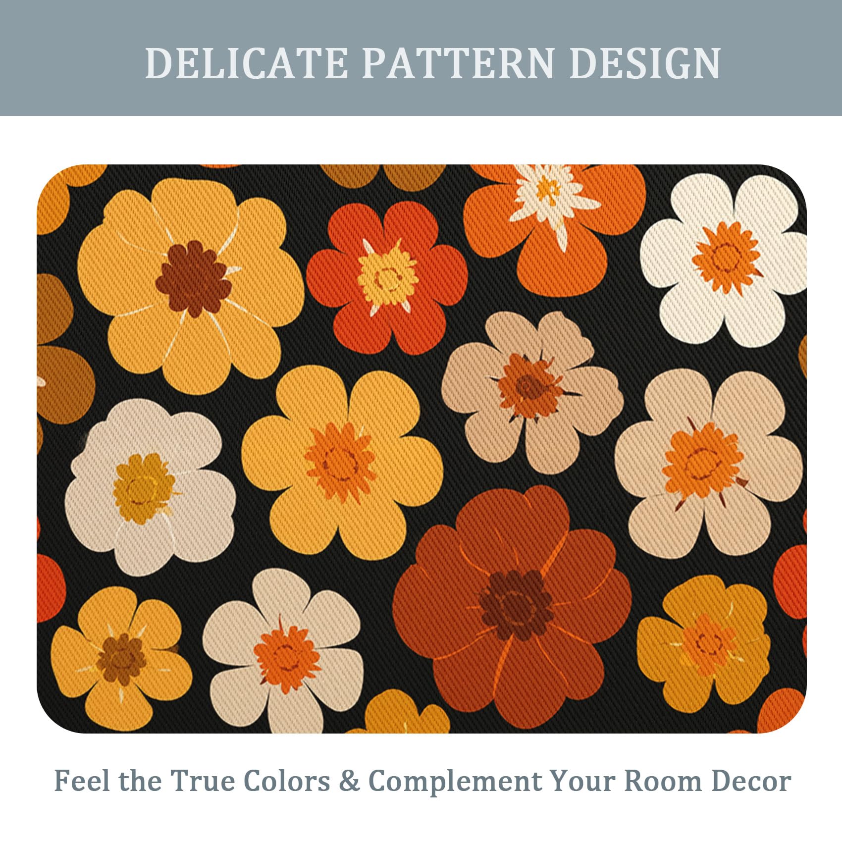Rideau Hippie Occultant Motif Fleur Orange Jaune Retro Années 70 Rideaux Chambre Salon Cuisine Fenêtre 140 x 245 cm, Oeillets Rail Rideaux Occultants Thermique