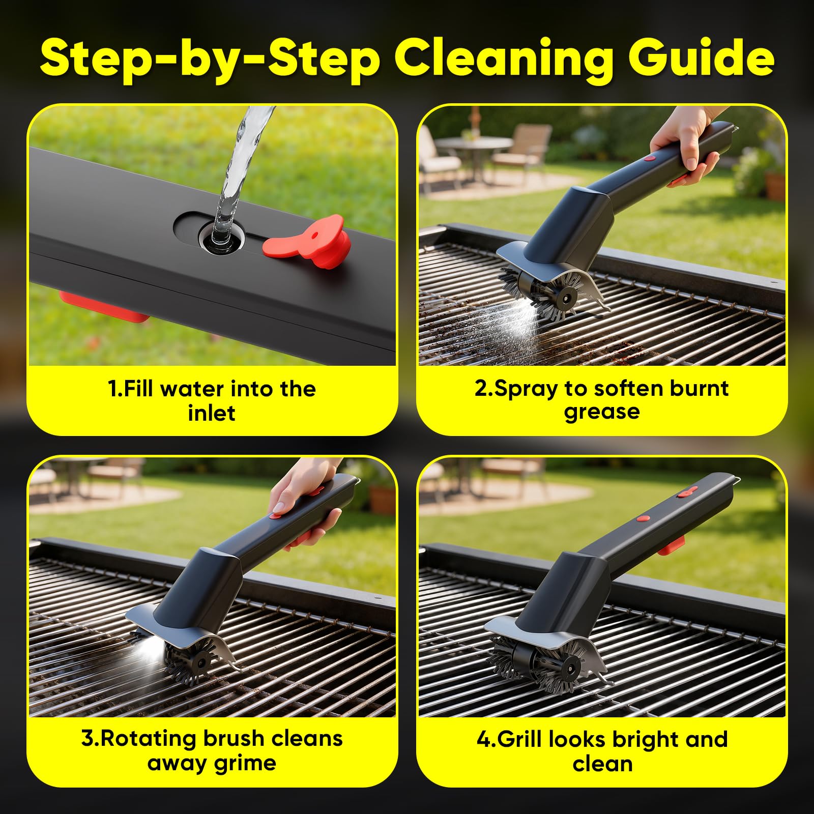 Elektrische BBQ Grill Reinigungsbürste - 2 in 1 rotierende Bürste mit Wasserspray, Edelstahlborsten, langer Griff, wiederaufladbar, IPX4 wasserdicht, für Outdoor-Grills und Herdplatten