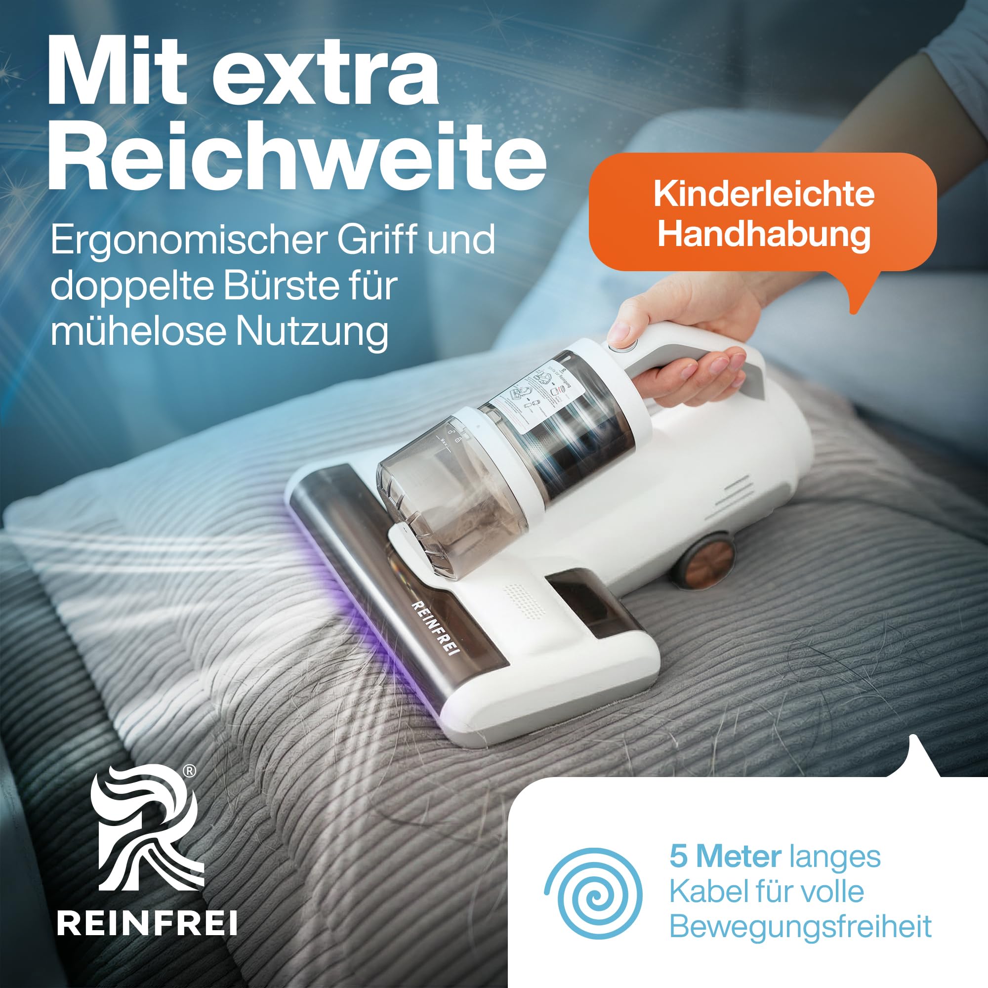 Milbensauger für Matratzen – 600W Matratzensauger gegen Hausstaubmilben – Matratzensauger Milben mit Heißluft, Ultraschall & Vibration – Bett Staubsauger mit Zwei Bürsten & 5m Kabel