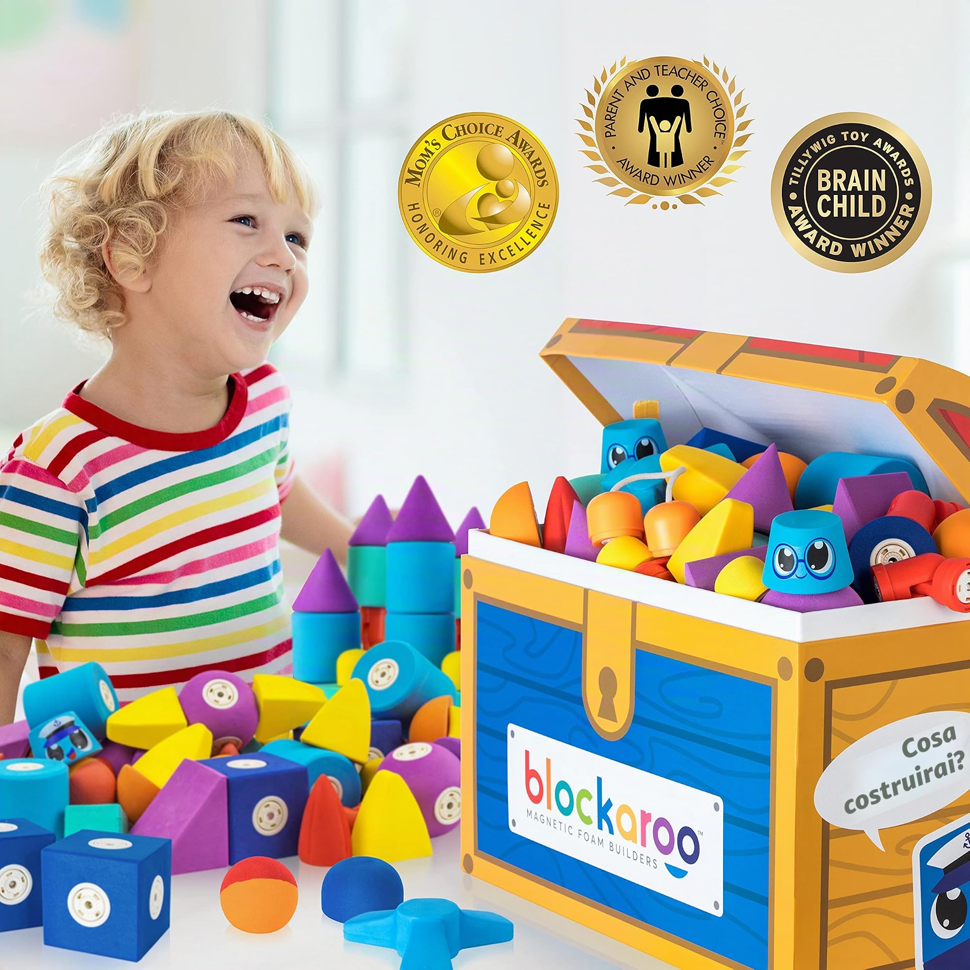 Blockaroo Mattoncini magnetici come gioco educativo per bambini, set di giochi d'acqua educativi per costruzioni creative, ideali per la vasca del divieto, scrigno del tesoro con 100 mattoncini