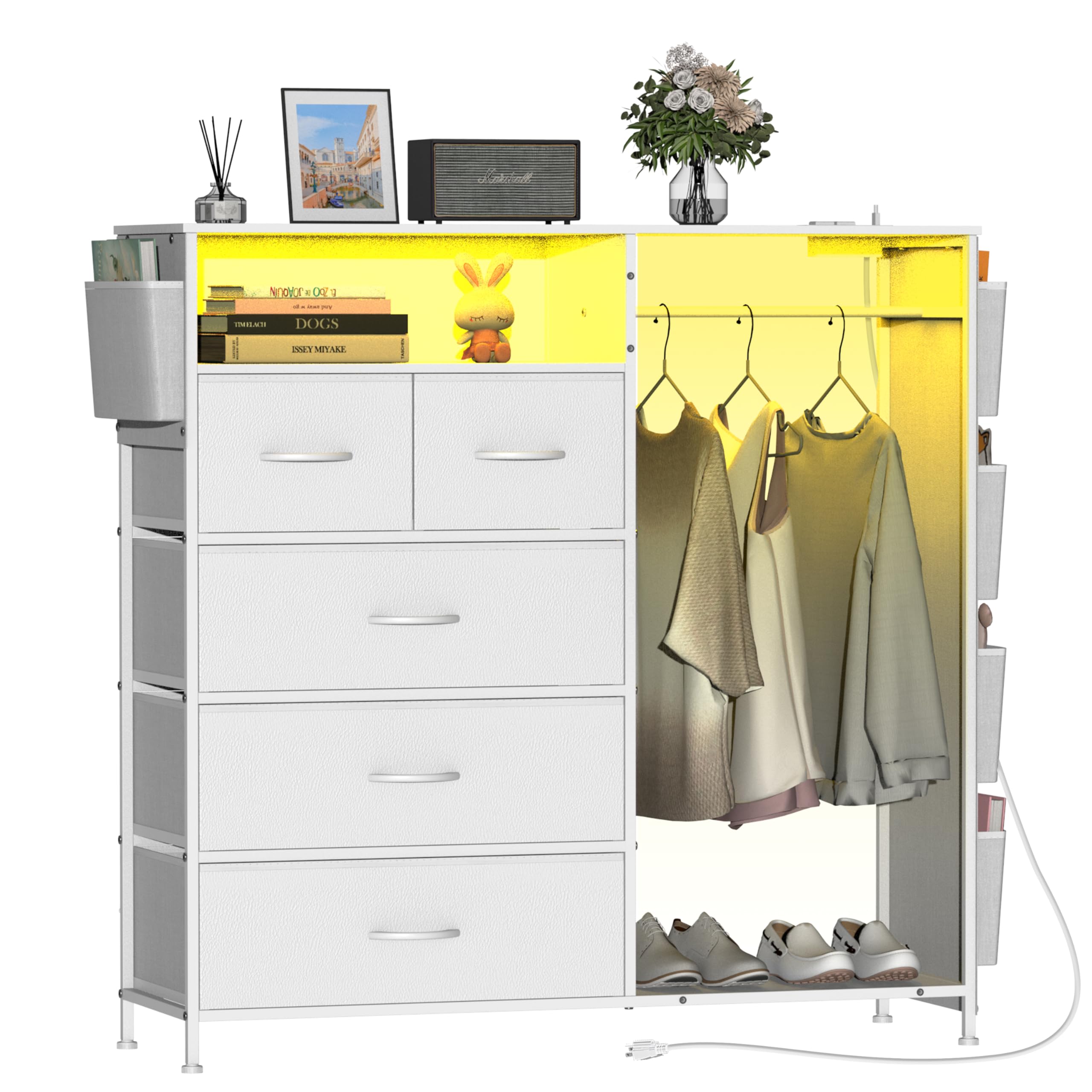 Trironsun Cómoda con 5 cajones con barra para ropa, iluminación LED y estación de carga - Mueble de almacenamiento con bolsillos laterales y bandeja de madera para dormitorio, pasillo o habitación