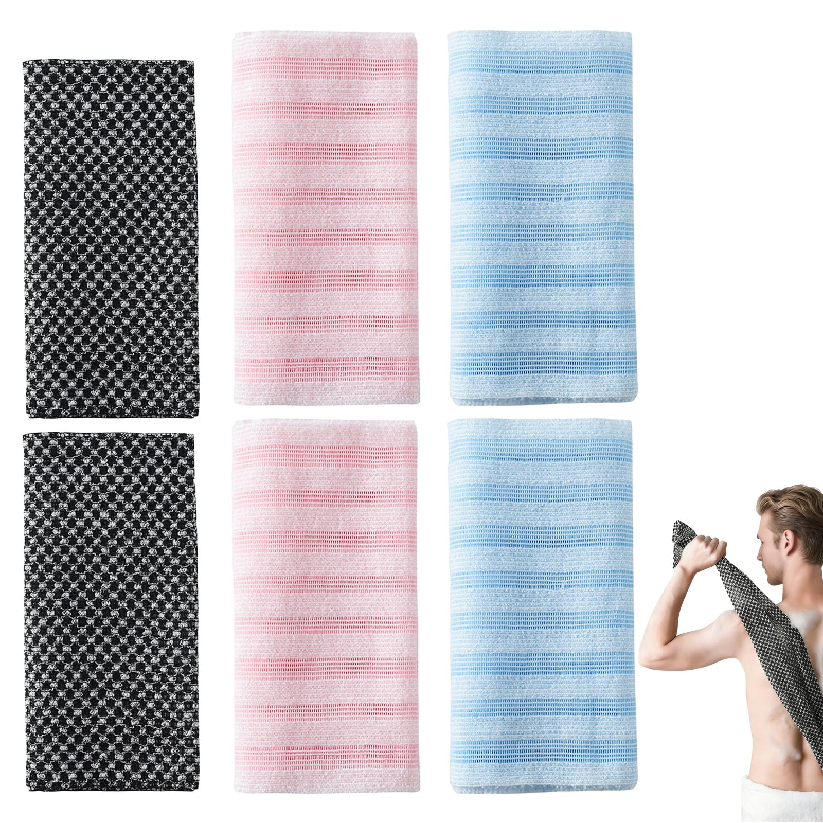 Rudfovn 6 Pcs Exfoliating Shower Towel, Grid and Stripes Back Long Exfoliating Washcloth for Home, Travel, School
