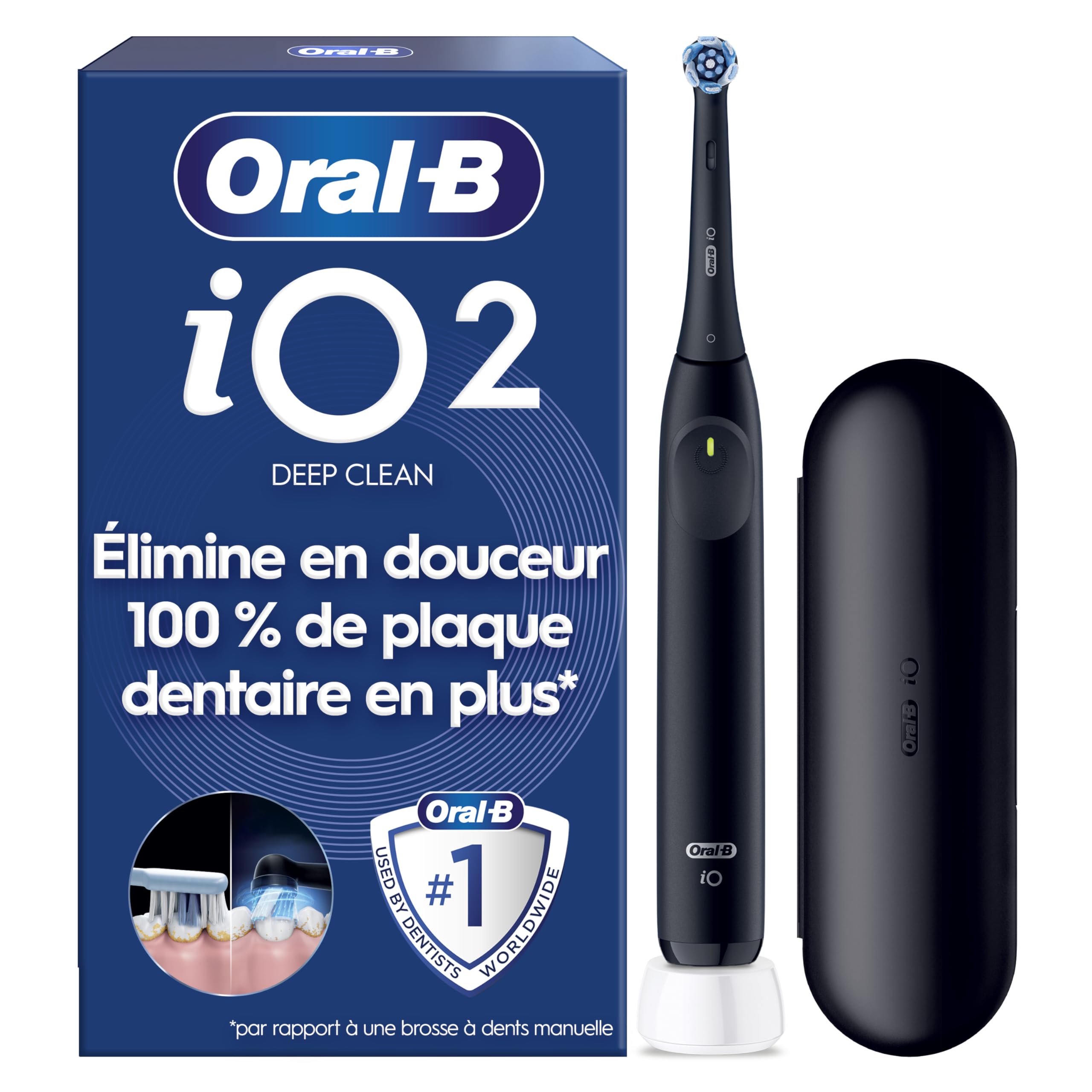 Oral-B Brosse à Dents Electrique iO 2 avec 1 Brossette de Rechange, Noire – 3 Modes de Brossage dont Douceur, Capteur de Pression sur les Gencives, Batterie Rechargeable, Silencieuse, Etui de Voyage