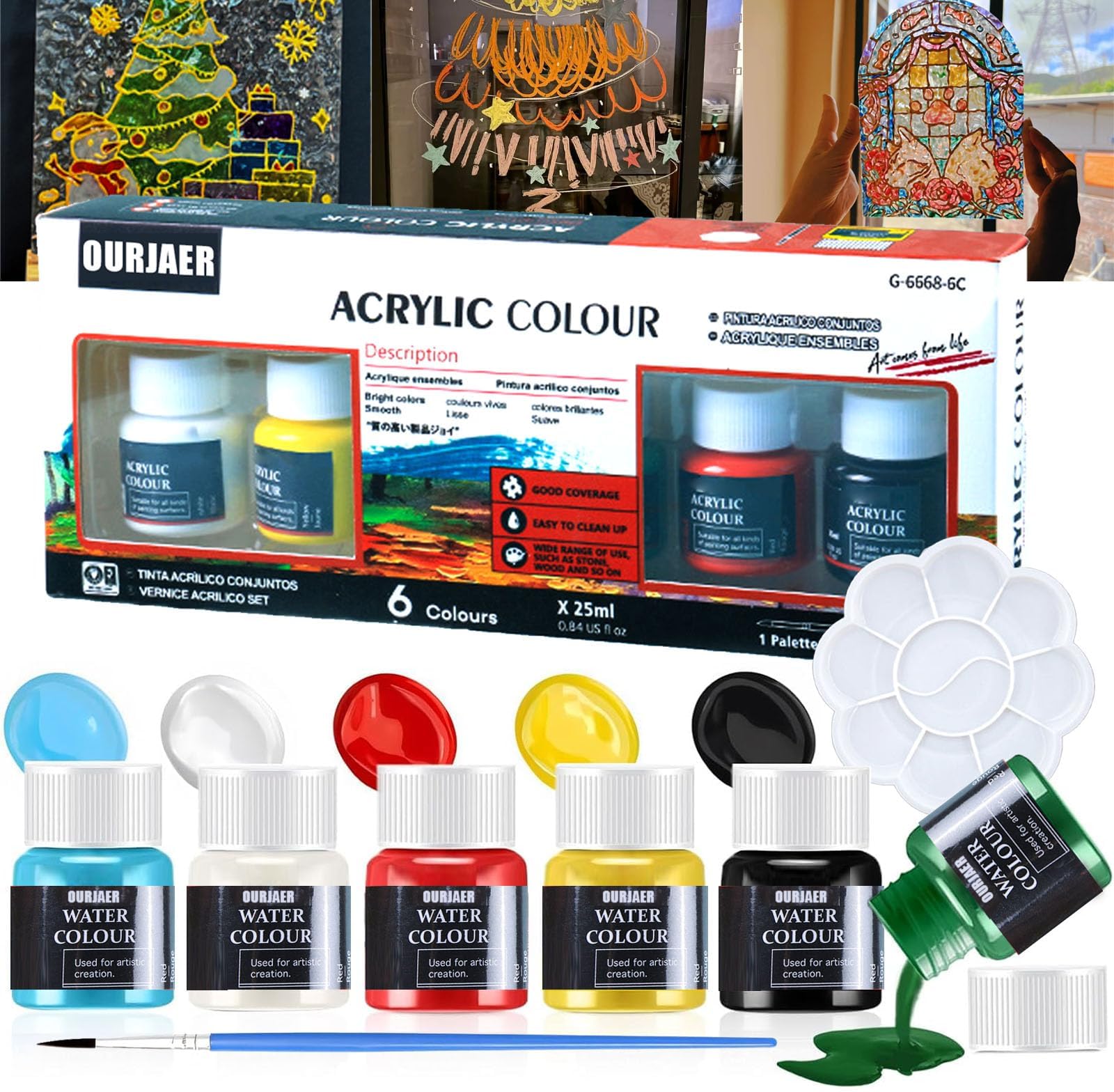 OURJAER Glass Paints For Glass Painting, DIY Creative Window Colors, Multi-Surface, 6 Glass Painting Kit, Window Paints For Glass Washable, Glass Paints For Wine Glasses, Rock Painting Kit