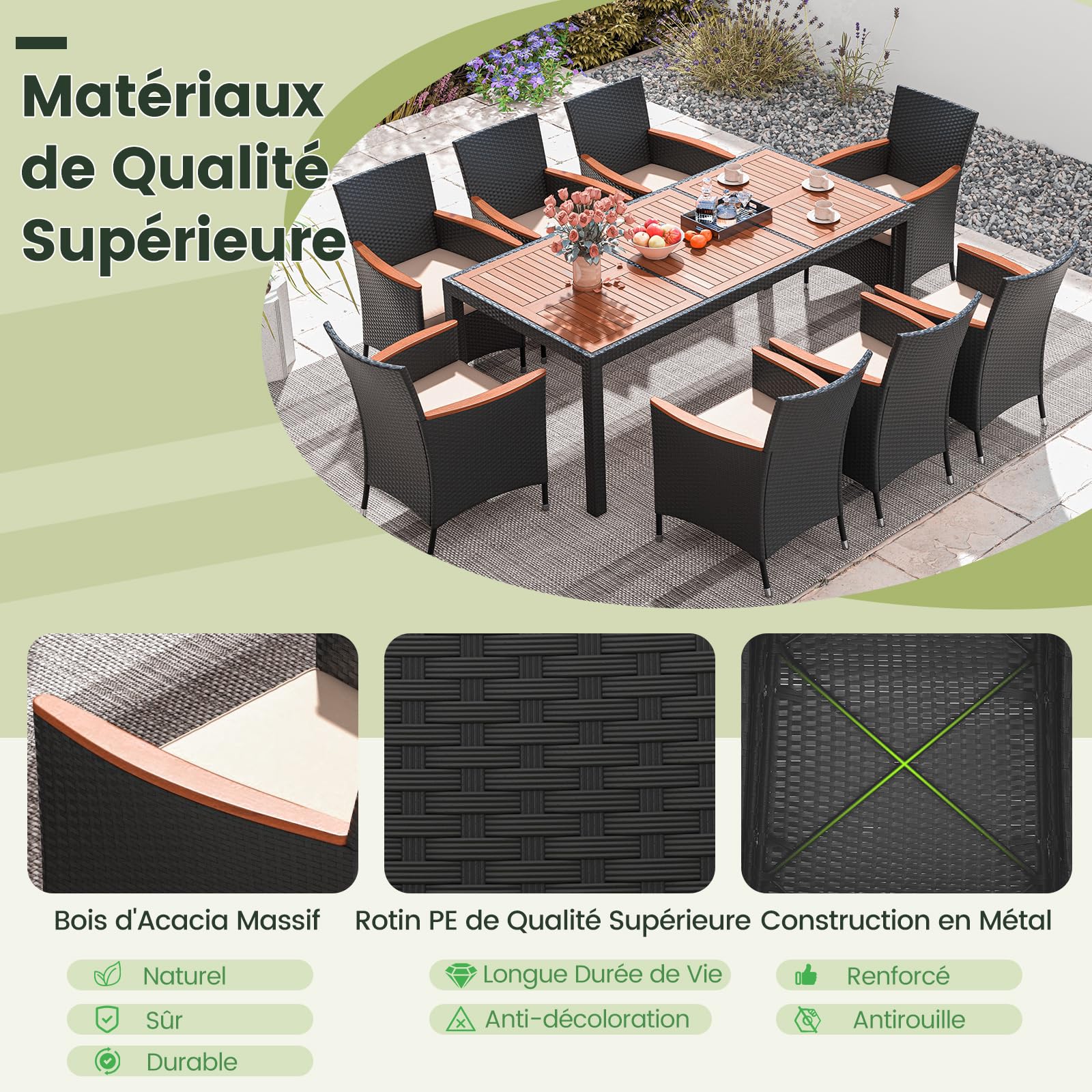 COSTWAY Salon de Jardin en Rotin 9 Pièces pour 8 Personnes Plateau de Table en Acacia, Ensemble de Salle à Manger de Patio avec Coussins Amovibles Trou pour Parasol, Chaise Charge 180KG, Noir+Beige