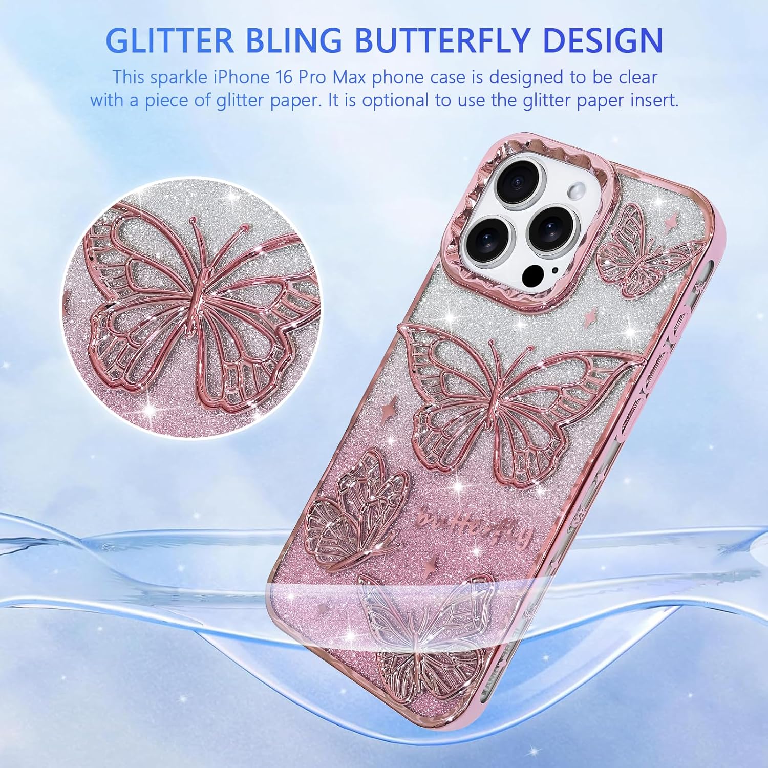 KANGHAR Glitter Case for iPhone 16 Pro Max 6.9", Bling Cute Gradient 3D Butterfly Pattern Luxury Plating Designed for Women Girls, Slim Fit Soft TPU Shockproof Protective Cover - Pink - Image 2