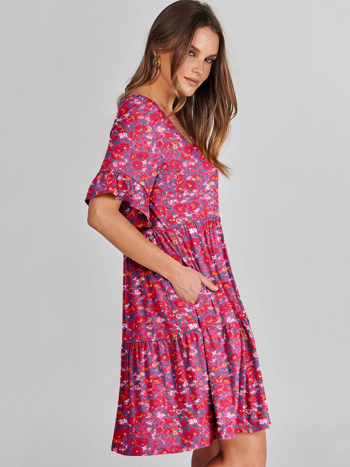 ANRABESS Dresses for Women Summer 2026 V Neck Ruffle Sleeve A Line Tiered Flowy Casual Trendy Mini Beach Dress with Pockets - Image 4