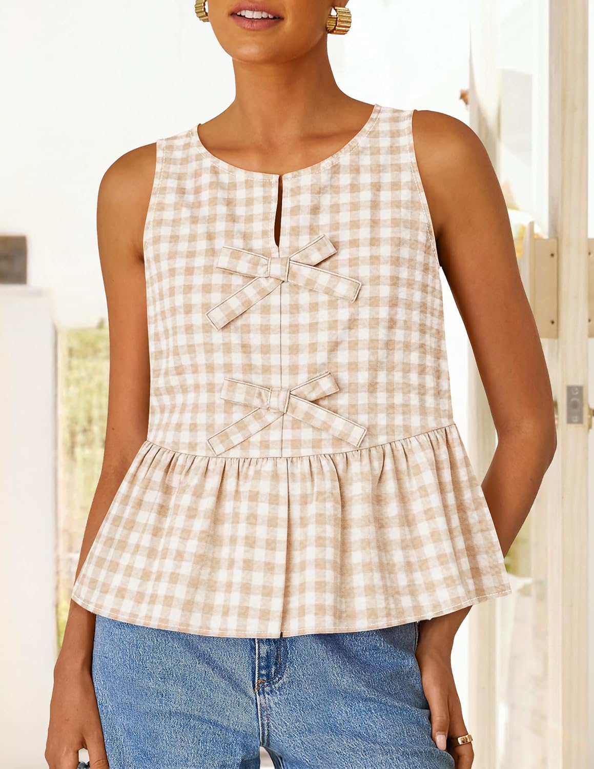 ZESICA Women's Summer Sleeveless Gingham Tank Tops 2026 Crewneck Tie Front Top Loose Ruffle Peplum Babydoll Blouses - Image 2