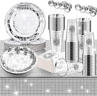 70s Disco Party Supplies Disco Balls Disco Plates Napkins Disco Cocktail Stirrers Disposable Plastic Cups Disco Party Table Runner for 80s 90s Disco Party Wedding Picnic Travel (101 Pieces)