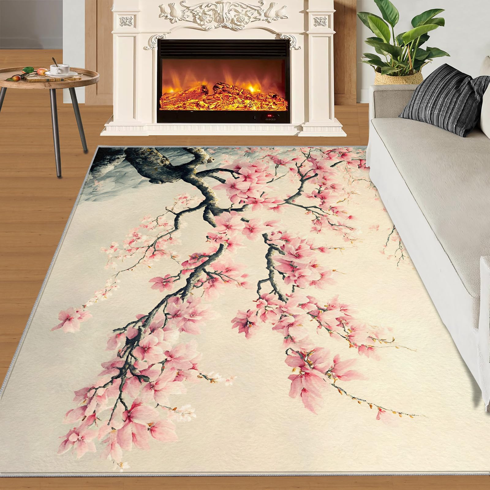 Japanische Teppiche für Schlafzimmer, 90 x 150 cm, Kirschblüten-Design, rutschfest und waschbar, antiker, künstlerischer Innenteppich, weiche Geräuschreduzierung, asiatischer Stil