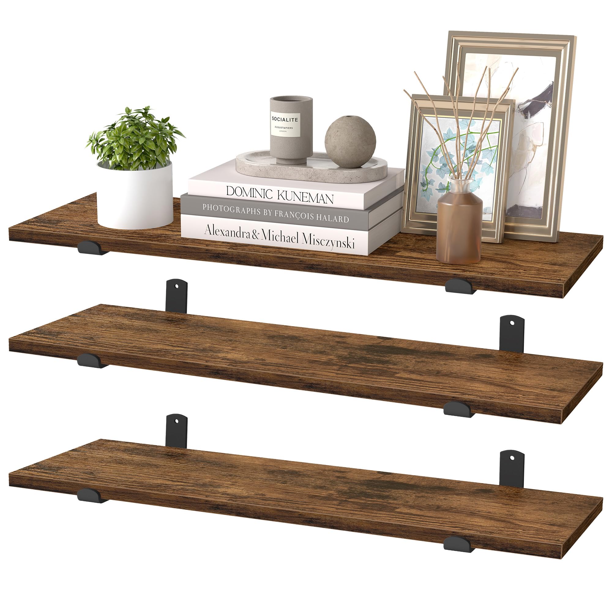 SONGMICS Floating Shelves, Decorative Wall Shelf, Modern Style, for Bedroom, Living Room, Dining Room, Kitchen, Max. Load 10 kg, 20 x 60 x 7 cm, Set of 3, Rustic Brown and Matte Black LWS004KD01-3J