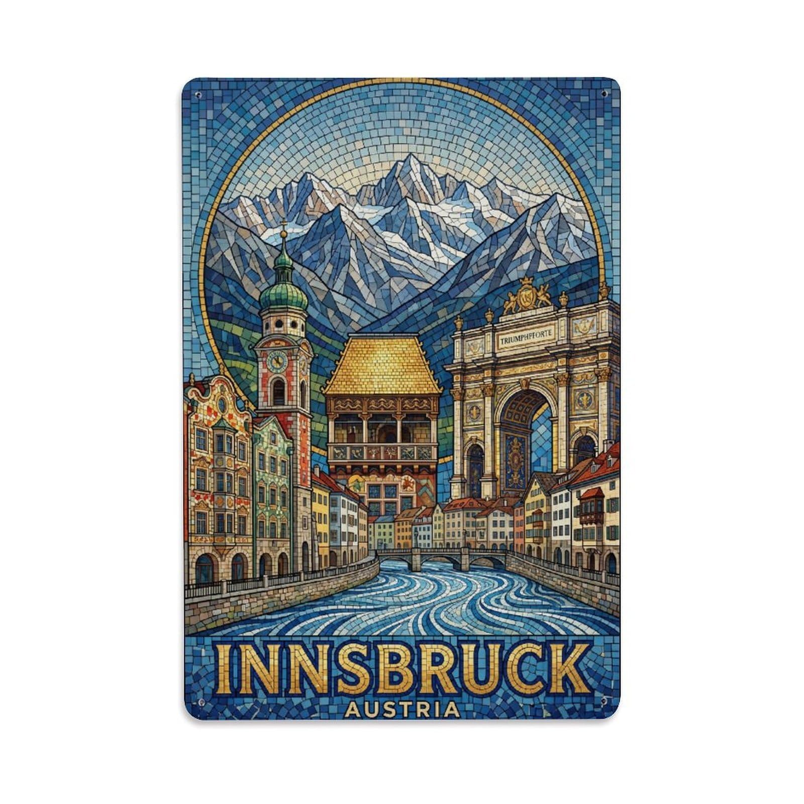 Olhnbad Style Mosaic Innsbruck Austria Mountain Alpine Travel Metal Tin Sign