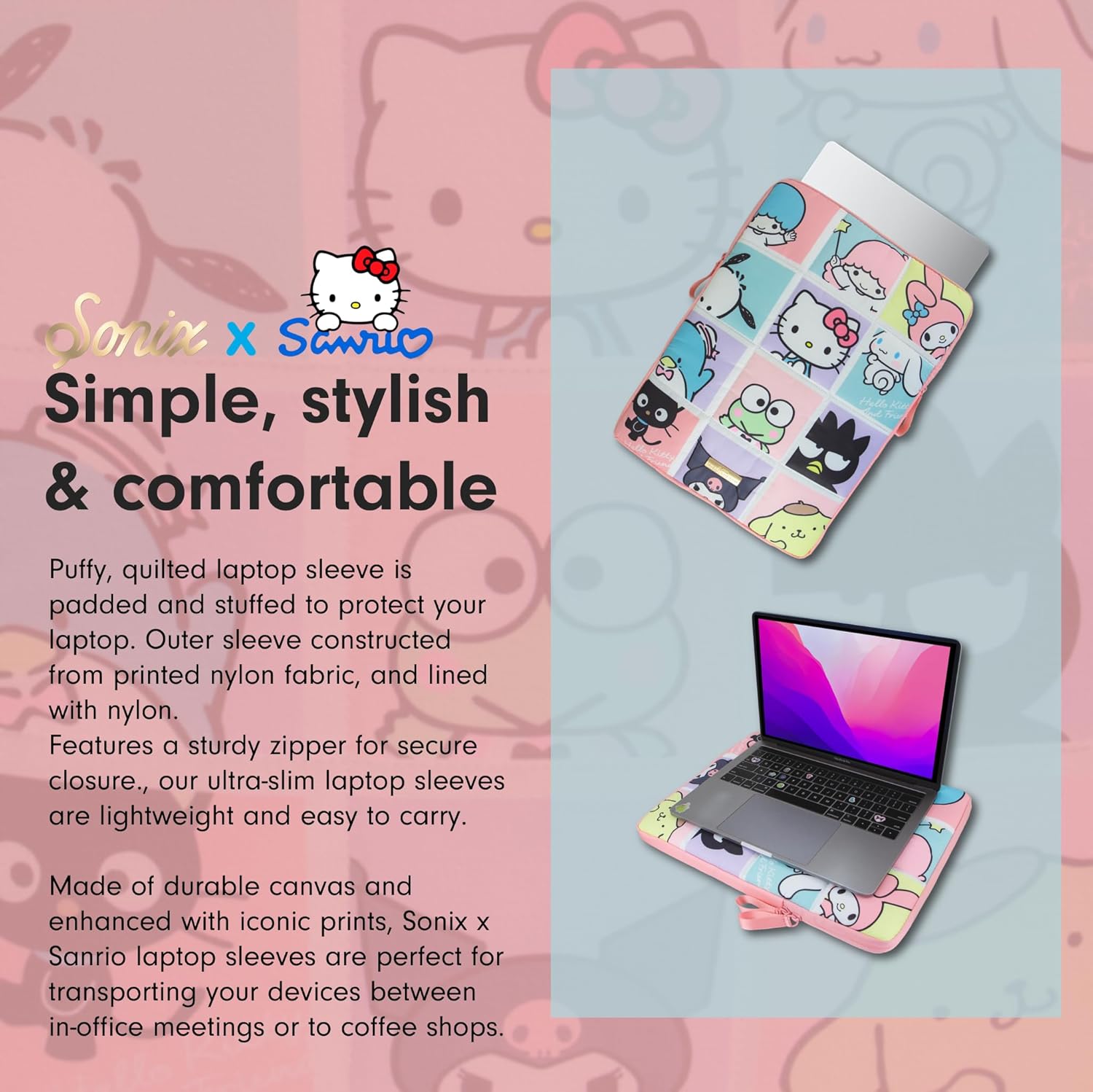 Sonix x Sanrio | Puffy Laptop Sleeve | 15-16 Inch, Quilted Pillow Puffer Laptop Carrying Case, Computer Sleeve | Hello Kitty Grid - Image 7