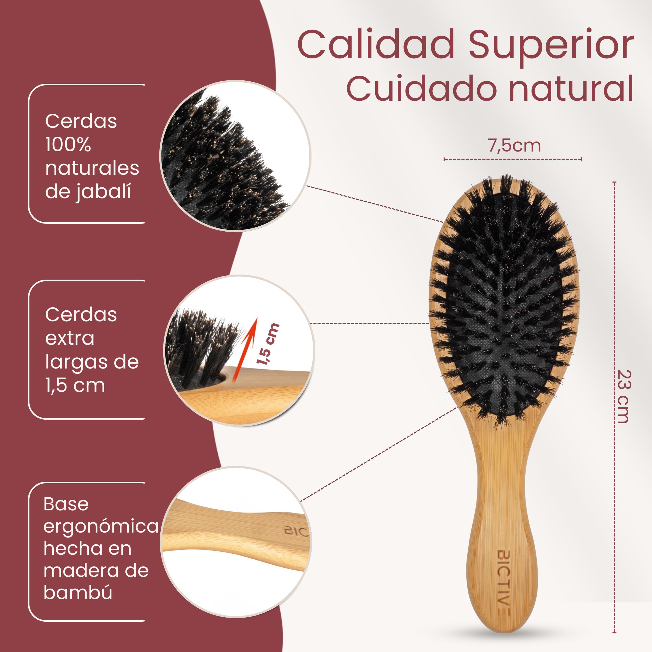 Cepillo de Cerdas de Jabali Largas Naturales para Cabello Normal y Fino. Cepillo Pelo Antirotura, Alisador, Clean Look, Cepillo Cerdas Naturales para Mujer, Hombre y Niños. Peine Jabalí
