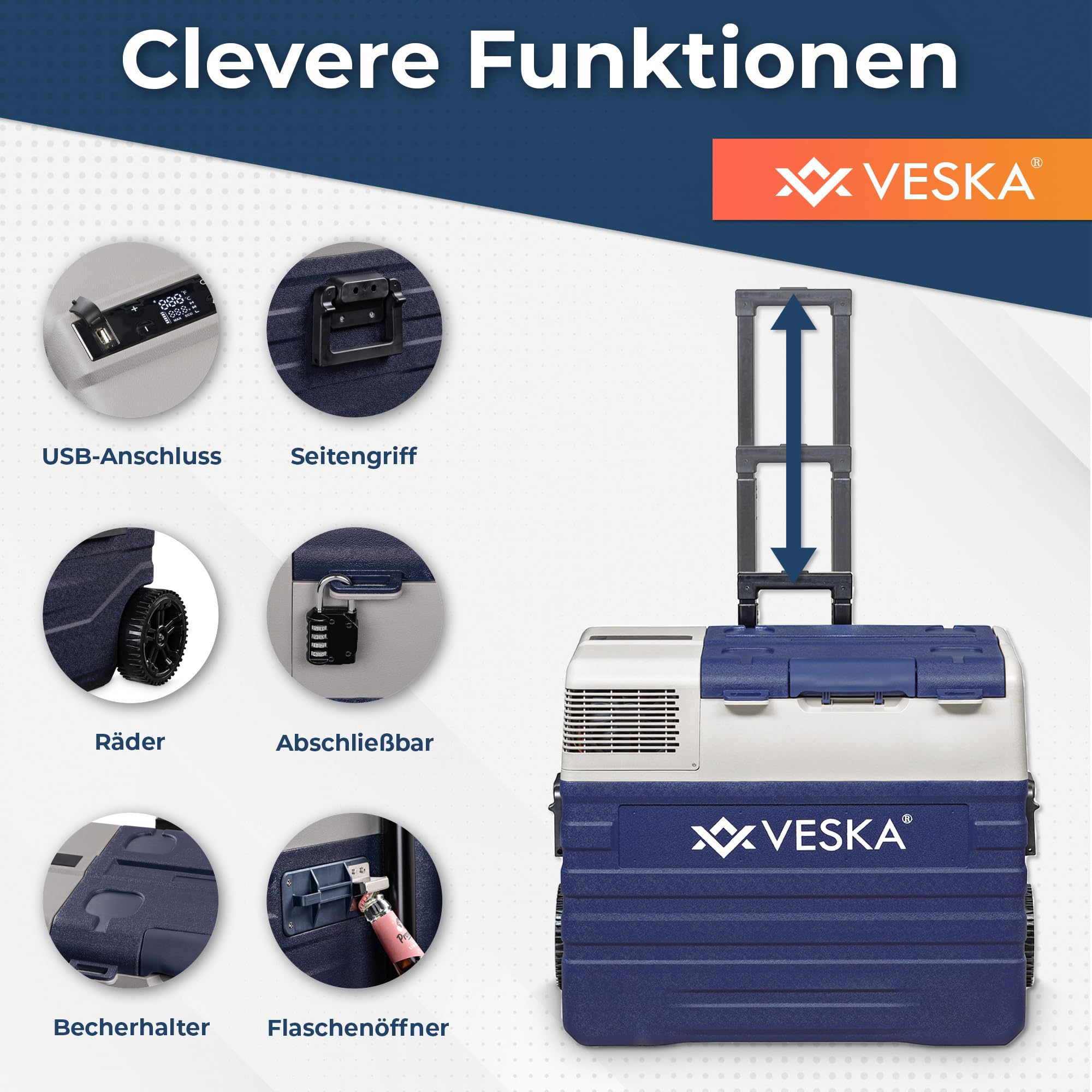 Kompressor Kühlbox elektrisch, Gefriertruhe mit APP-Steuerung, USB-Anschluss, 12/24V, 230V, Räder, transportabler Kühlschrank, Kühltruhe, Gefrierbox bis -20 °C für Auto, LKW, Boot (42L - blau)