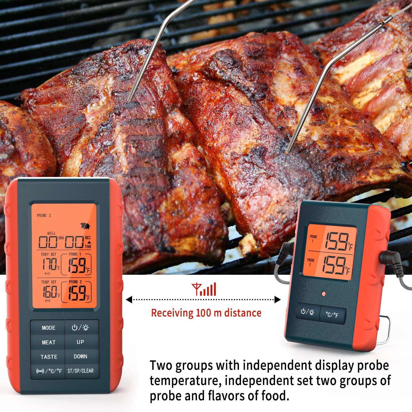 Domary Thermomètre à Viande Fil avec 2 Sondes, Portée de 100M/328 Pieds, Thermomètre de Cuisson Numérique pour Griller, Fumeur, Four, Barbecue