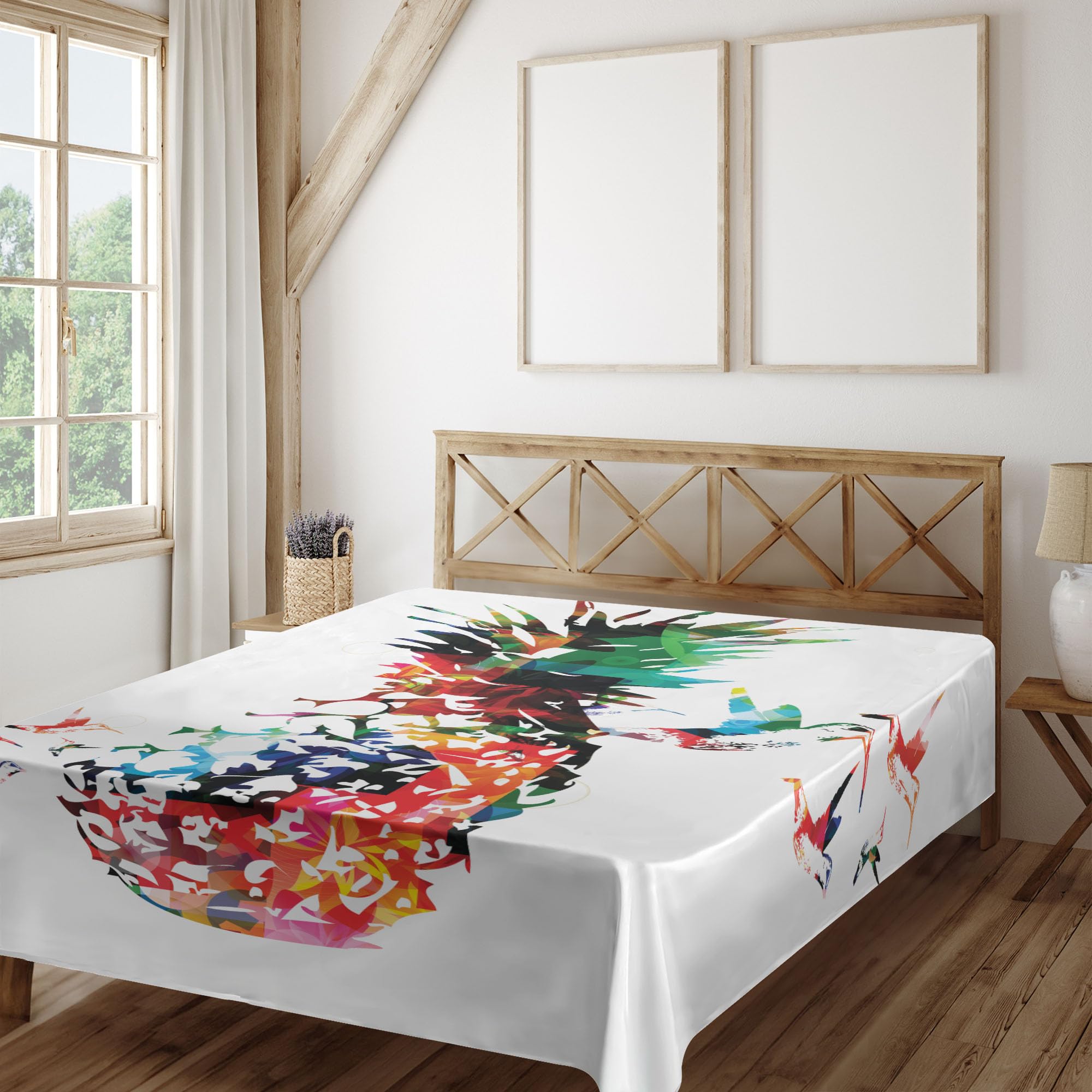 Ambesonne Pineapple Flat Sheet, Geometric Pineapple Bursting into Scattering Birds Flight Modern Abstract Print, Soft Comfortable Top Sheet Decorative Bedding 1 Piece, Queen Size, Multicolor