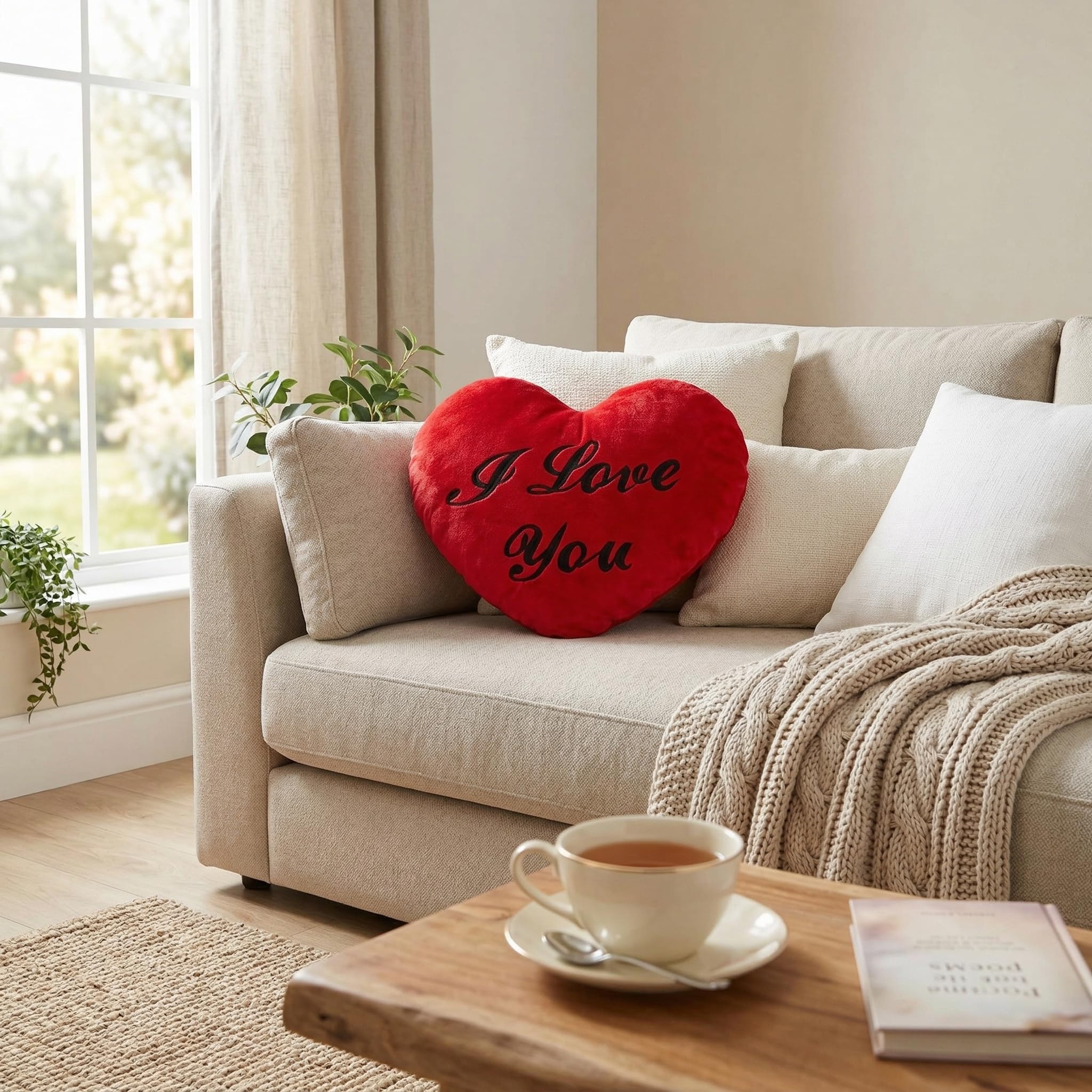 MIJOMA Herz-Kissen aus Plüsch – Weiches Dekokissen mit romantischer Stickerei – Kuscheliges Sofakissen, Kissen in Herzform, flauschig & gemütlich (I Love You, 60cm)