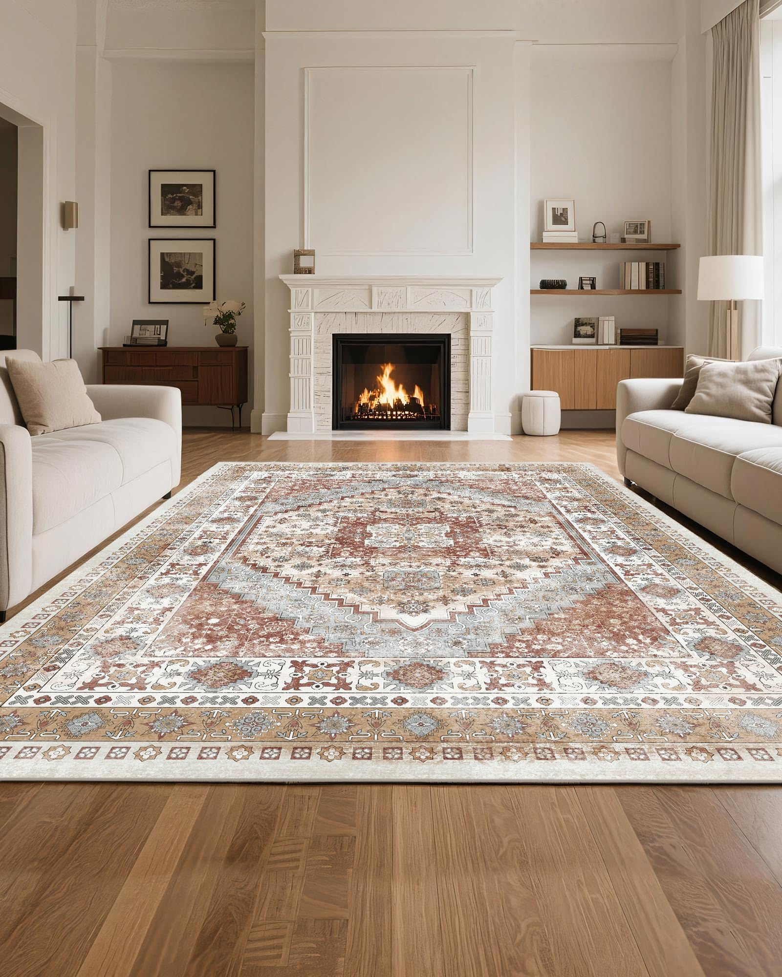 VEVOR Tapis Salon, 2,4 x 3 m, Grand Tapis Chambre Lavable et Antidérapant, Poils Courts et Denses, Résistant aux Griffures Animaux, Doux, Style Vintage, pour Chambre, Bureau, Entrée, Marron et Rouge