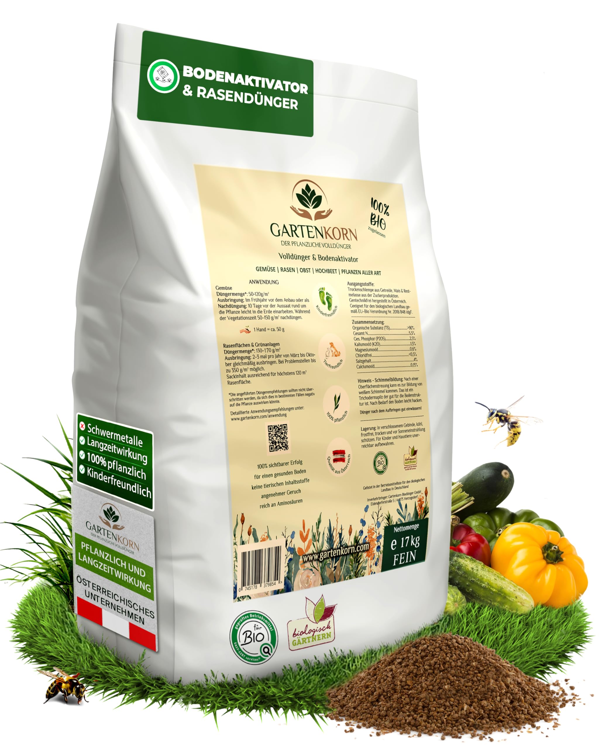 Bio Bodenaktivator & Rasendünger fein [17 kg/130-170 m²] für Pflanzen & Gemüse, Bodenverbesserer Garten, Organischer Rasendünger Frühjahr, Verdrängt Moos, Streuwagen geeignet