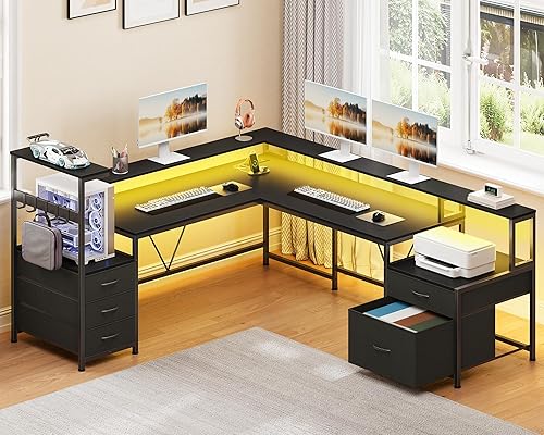 Miniatura 3 de Escritorio para juegos en forma de L de 67 pulgadas con luces LED y tomacorrientes, escritorio reversible en forma de L con cajones y estantes de