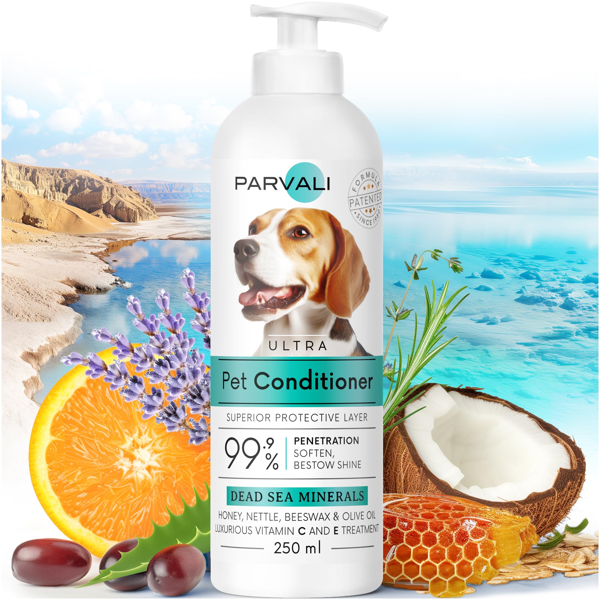 PARVALI Natural Dead Sea Classic Dog Conditioner (250 ml, 8.45 fl oz). Softens and Penetrates Hair, All Breeds Anti-Dryness Protection. Fortified with Honey, Nettle, Beeswax, and Olive Oil. Enjoy!