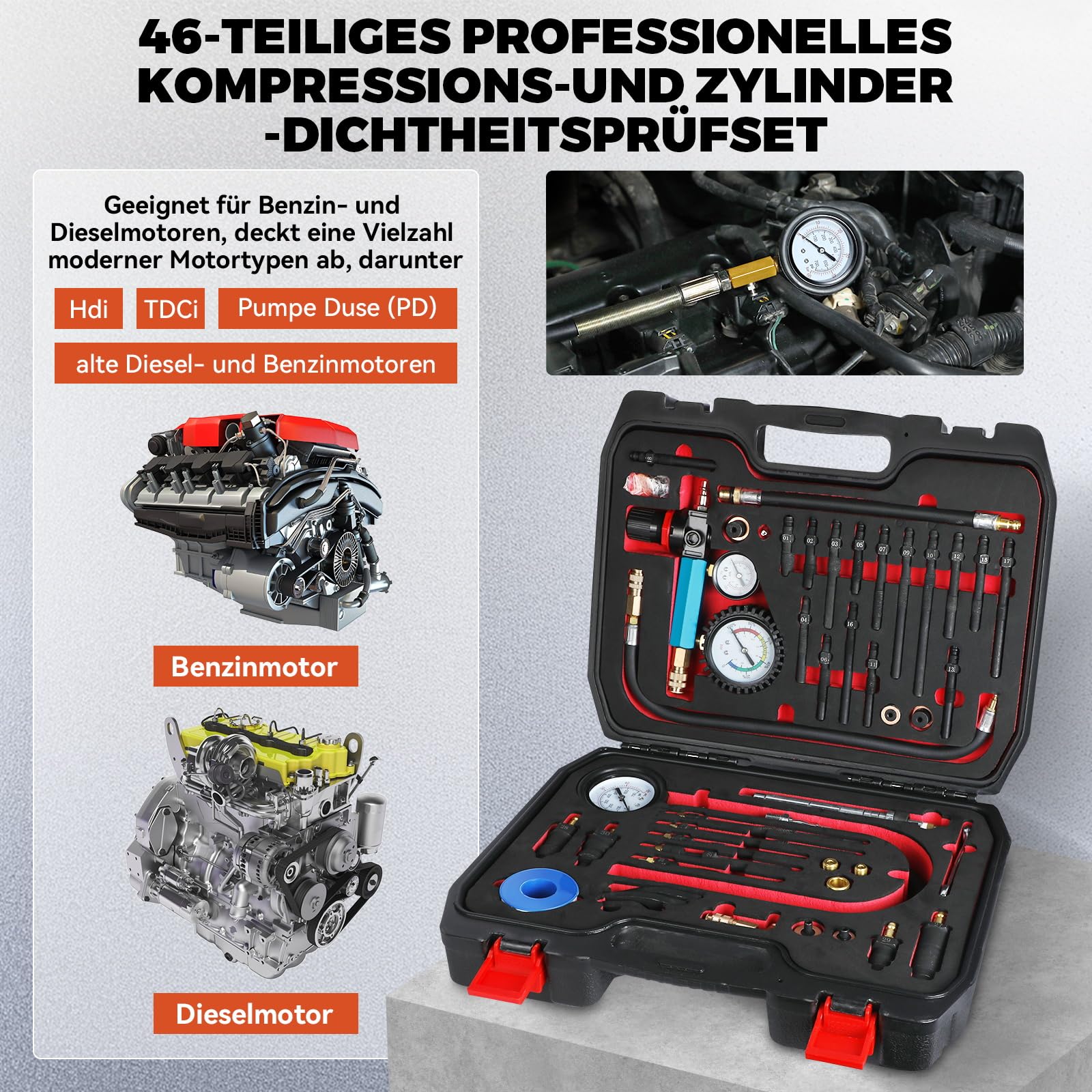 46-tlg Profi Kompressionstester Satz KFZ Druckverlustprüfer Motoren Prüfer kompatibel mit Diesel- und Benzinmotoren, Kompressionsprüfer mit Adapter für PKW, LKW, Motorräder