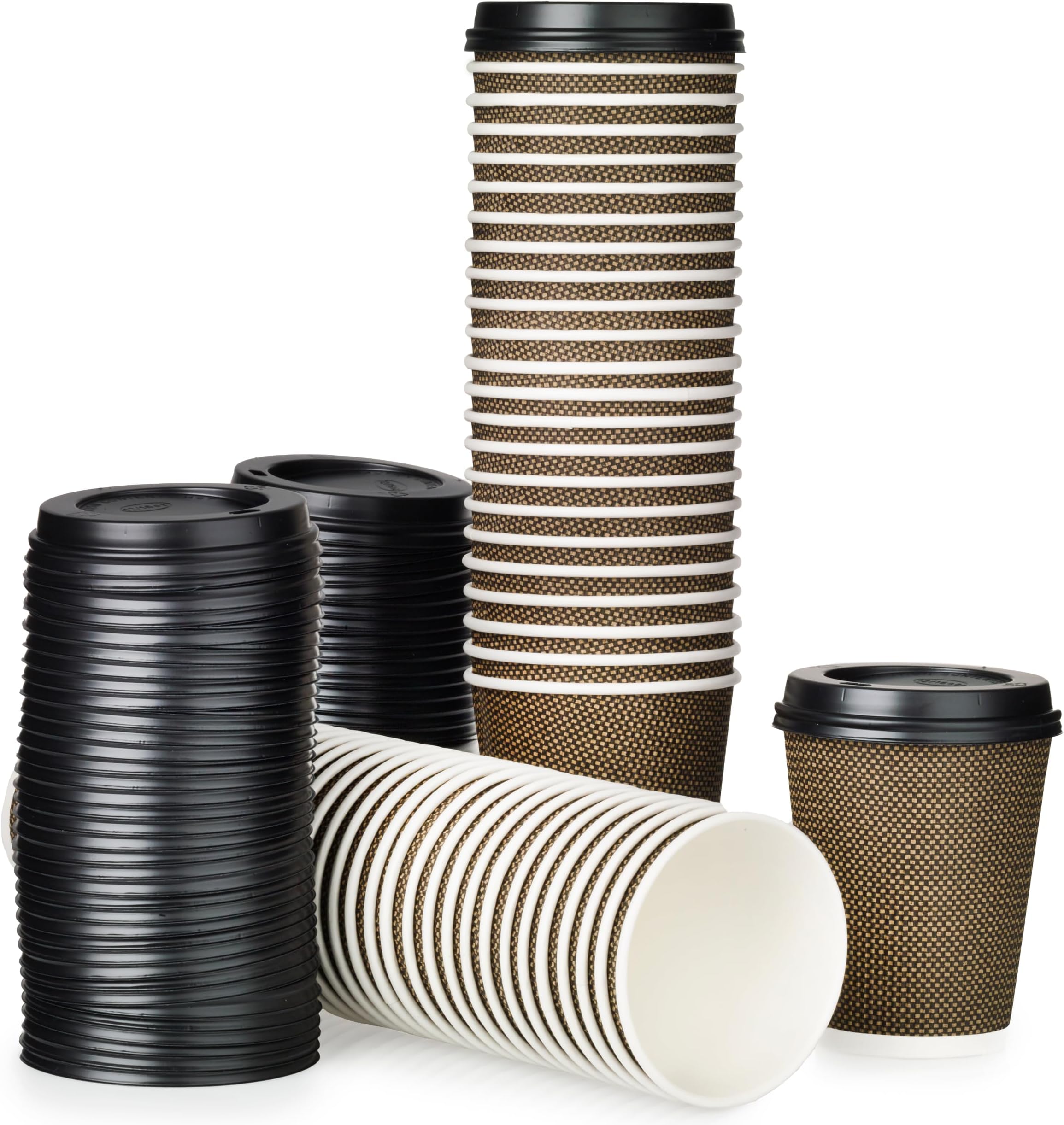 Signature Packaging – Luxury Ripple Insulated Paper Cups with Lids, Disposable for Coffee, Hot Beverages, Leak-Proof for Cafes, and Catering - 12oz Pack of 50 (Black + Gold) Cups with 50 Black Lids
