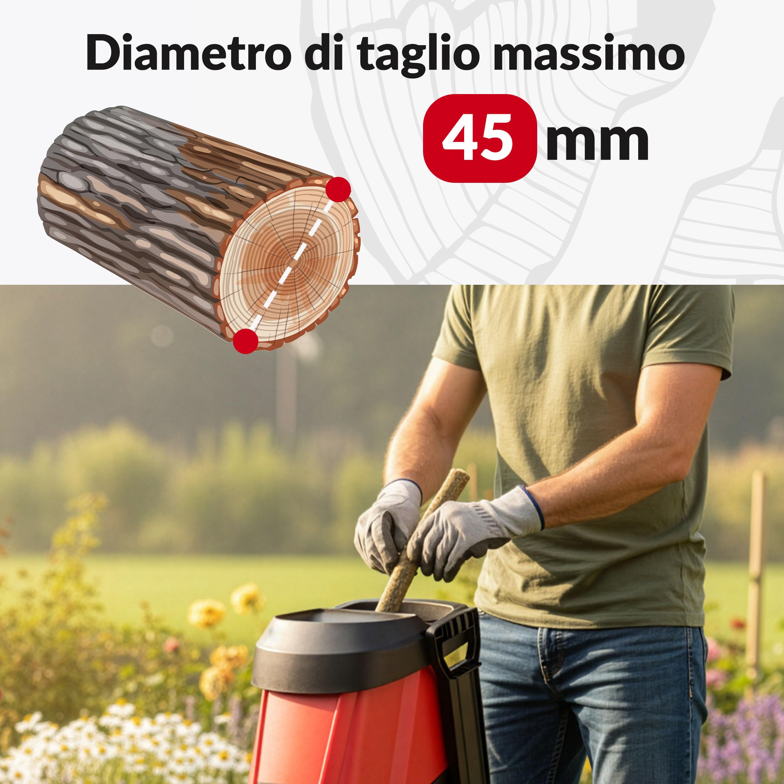 LEHMANN Biotrituratore Elettrico 3000 W Diametro taglio 45 mm Trituratore Rami Foglie Telaio robusto Ruote Cassetta raccolta 50 L