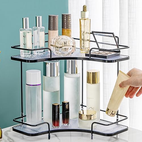 Miniatura 6 de Organizador de esquina de 2 niveles para encimera de baño, organizador cosmético para el cuidado de la piel, bandeja de perfume para encimera de