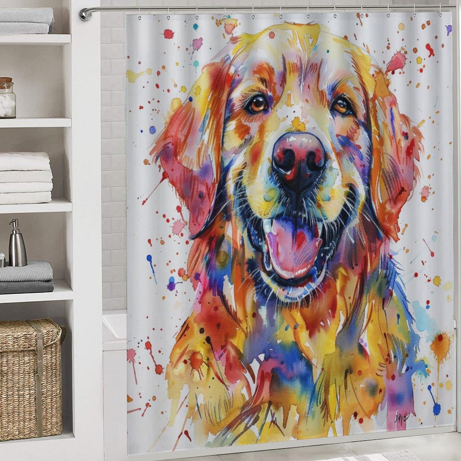 Set di 4 tende da doccia con motivo a cane e animale, con copriwater, tappetino a forma di U e tappetini antiscivolo, set di tende da doccia con simpatico Golden Retriever e acquerello, arredo bagno,