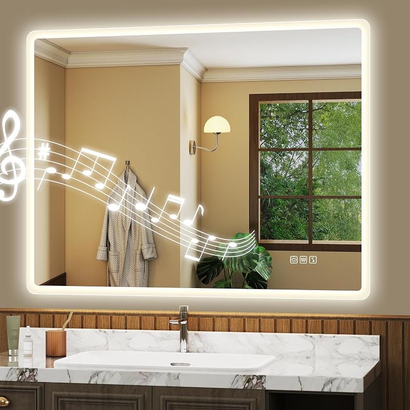S'bagno 36"x28" LED Bathroom Mirror with Bluetooth Speaker, Anti-Fog & Waterproof, Dimmable Wall Mirror with Touch Control, 3 Light Colors, Vertical or Horizontal