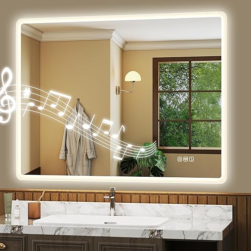 S'bagno 36"x28" LED Bathroom Mirror with Bluetooth Speaker, Anti-Fog & Waterproof, Dimmable Wall Mirror with Touch Control, 3 Light Colors, Vertical or Horizontal