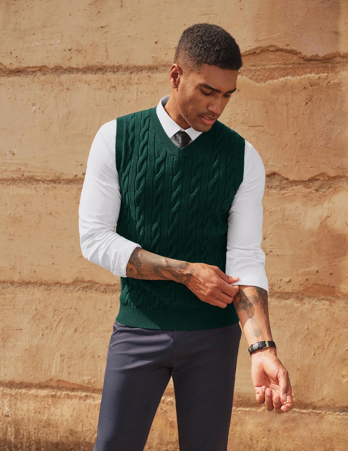 PJ PAUL JONES Men's Sweater Vests V Neck Cable Twist Knit Sleeveless Vests Casual Pullover Sweater - Image 3